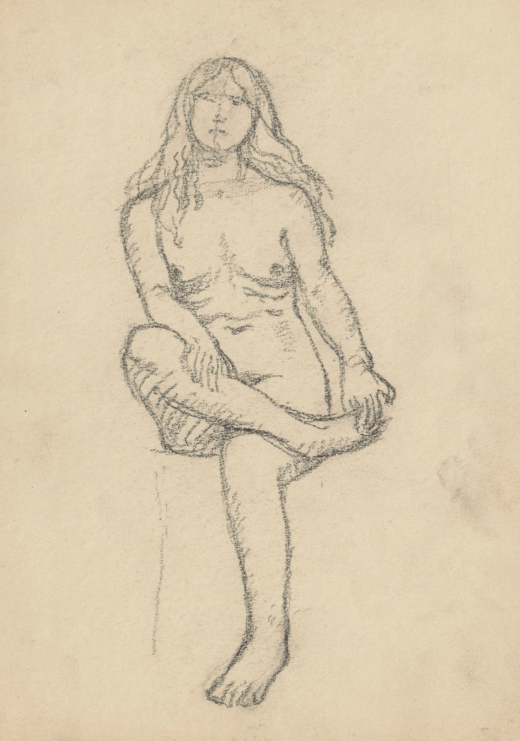 《坐着的头发松散的女孩的裸体》（Nude of a sitting girl with loose hair）｜塔德乌什·马科夫斯基 Tadeusz Makowski｜1908-1910