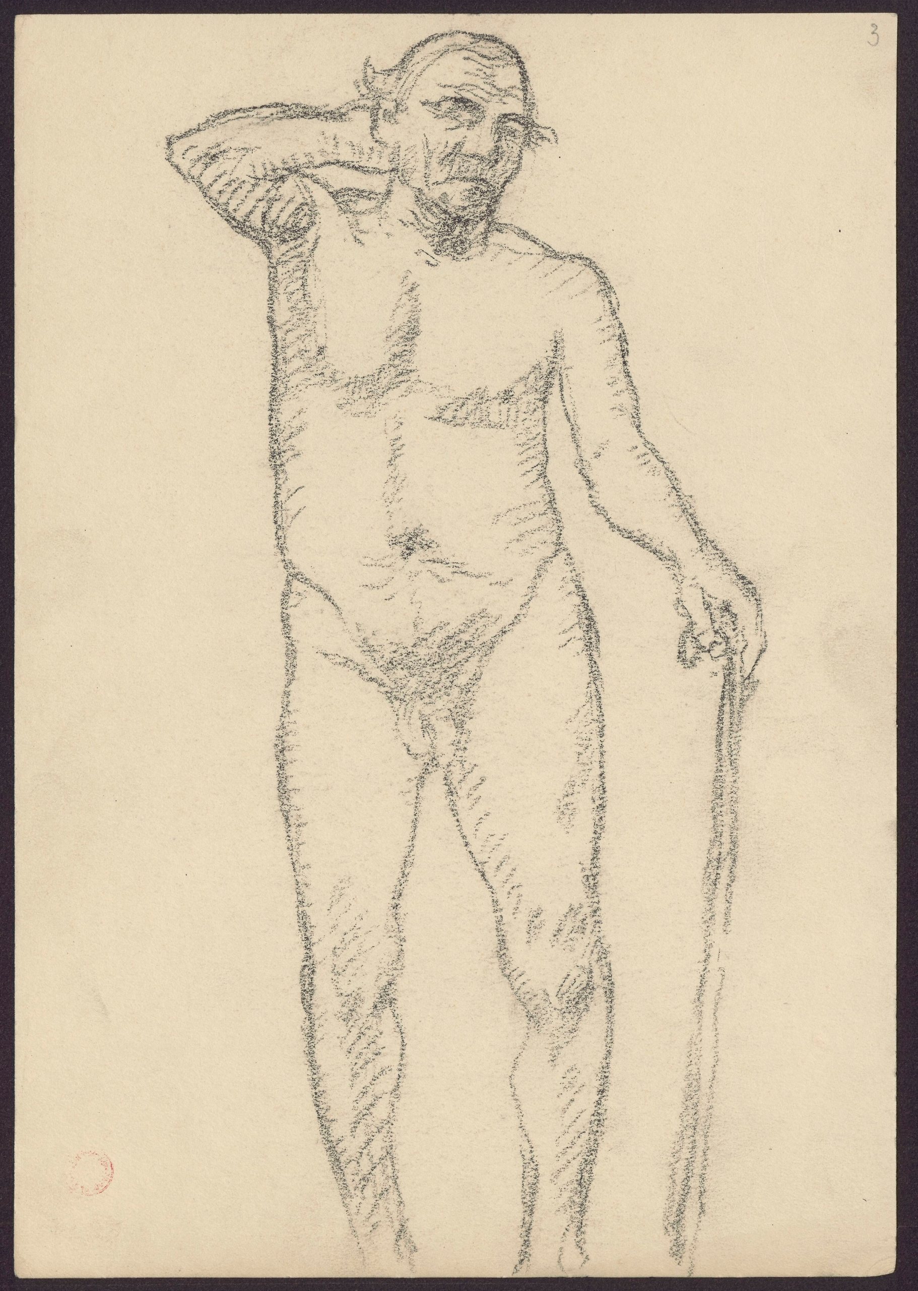 《一位老人的裸体，拄着拐杖笔直地站着》（Nude of an old man standing straight, leaning on a cane）｜塔德乌什·马科夫斯基 Tadeusz Makowski｜1908-1910