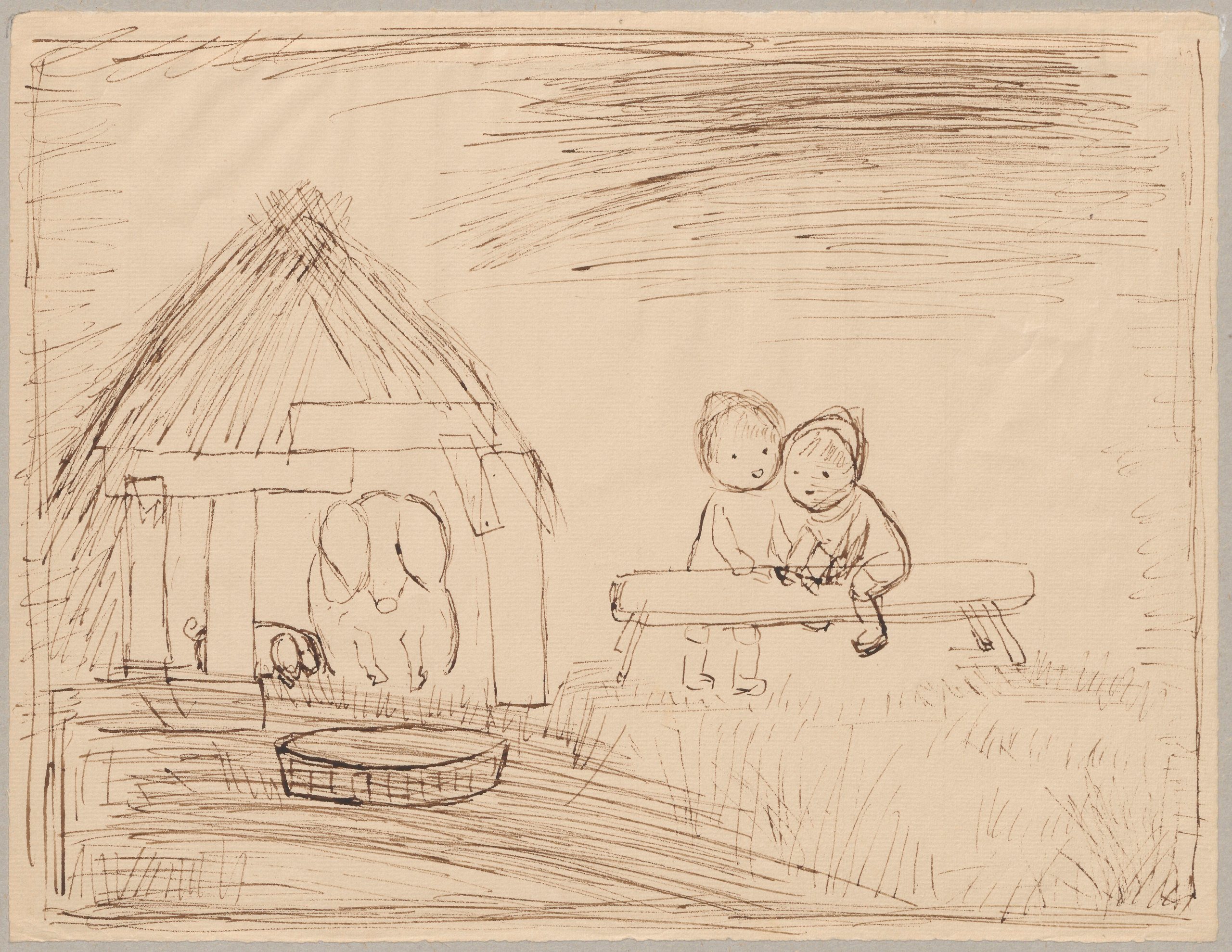 《猪圈里的两个孩子》（Two children at the pigsty）｜塔德乌什·马科夫斯基 Tadeusz Makowski｜1932