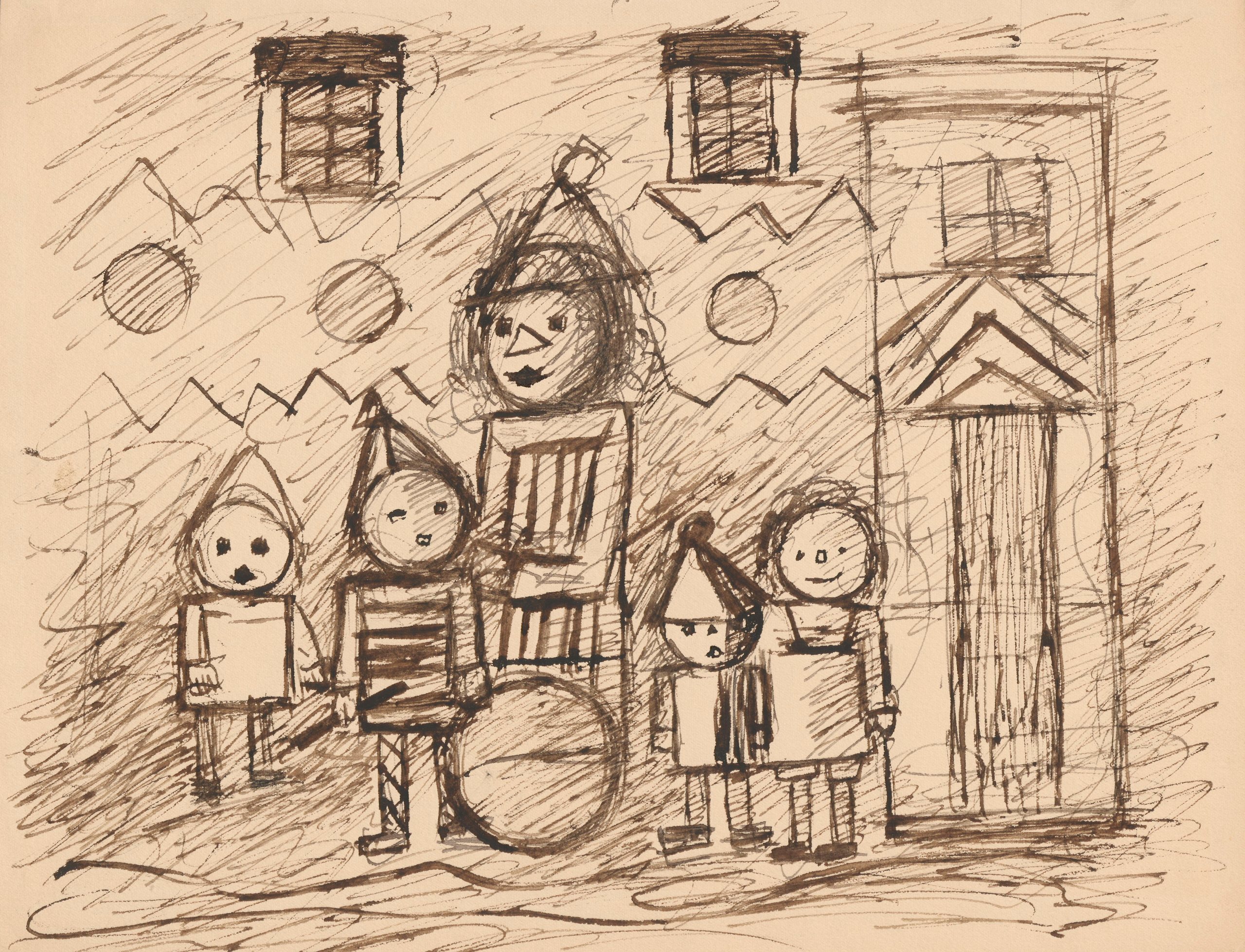 《两个孩子在屋前敲着鼓》（Two children with a drum in front of the house）｜塔德乌什·马科夫斯基 Tadeusz Makowski｜1931