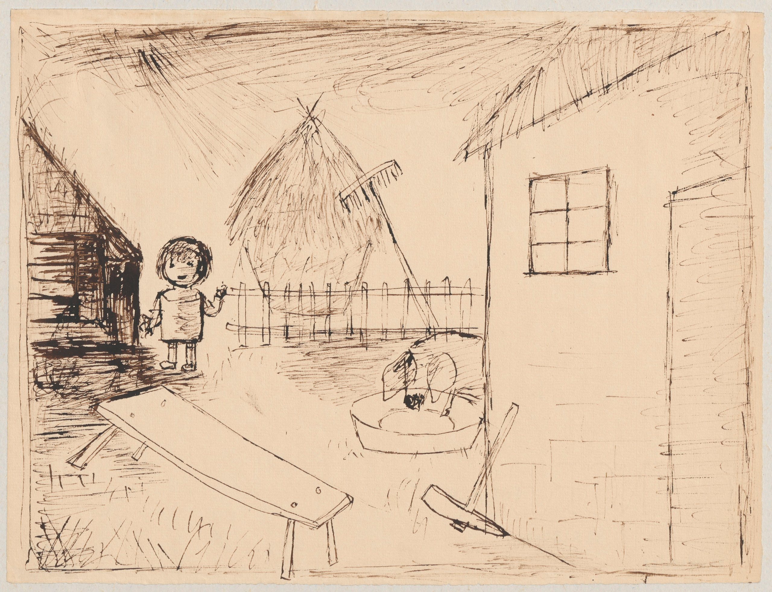 《院子里的婴儿和猪》（Baby and pig in the yard）｜塔德乌什·马科夫斯基 Tadeusz Makowski｜1932