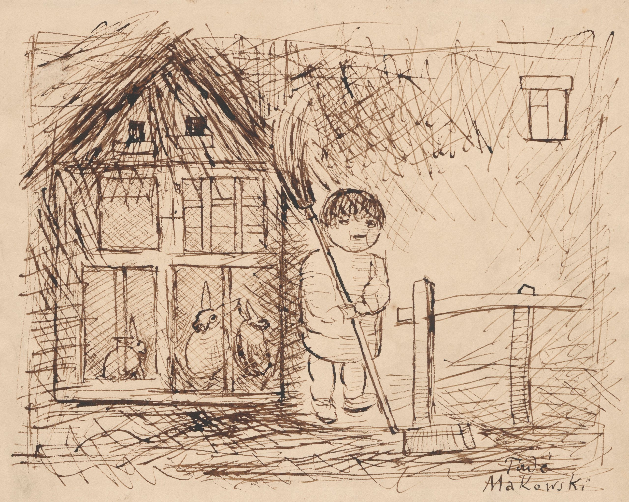 《一个孩子在有兔子的笼子下》（A child under a cage with rabbits）｜塔德乌什·马科夫斯基 Tadeusz Makowski｜1932