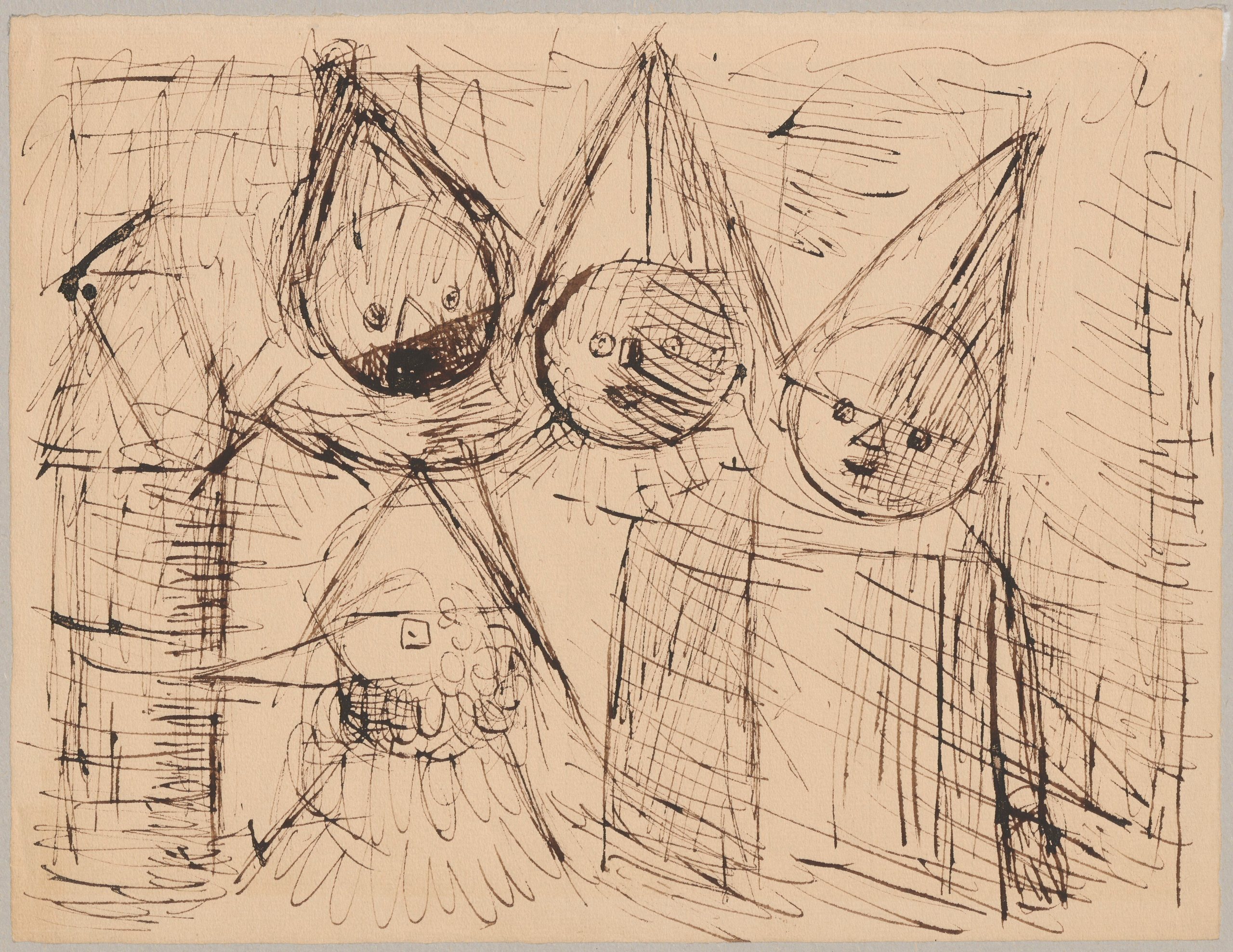 《化装舞会-四个孩子在灯笼旁边》（Masquerade - four children next to a lantern）｜塔德乌什·马科夫斯基 Tadeusz Makowski｜1931