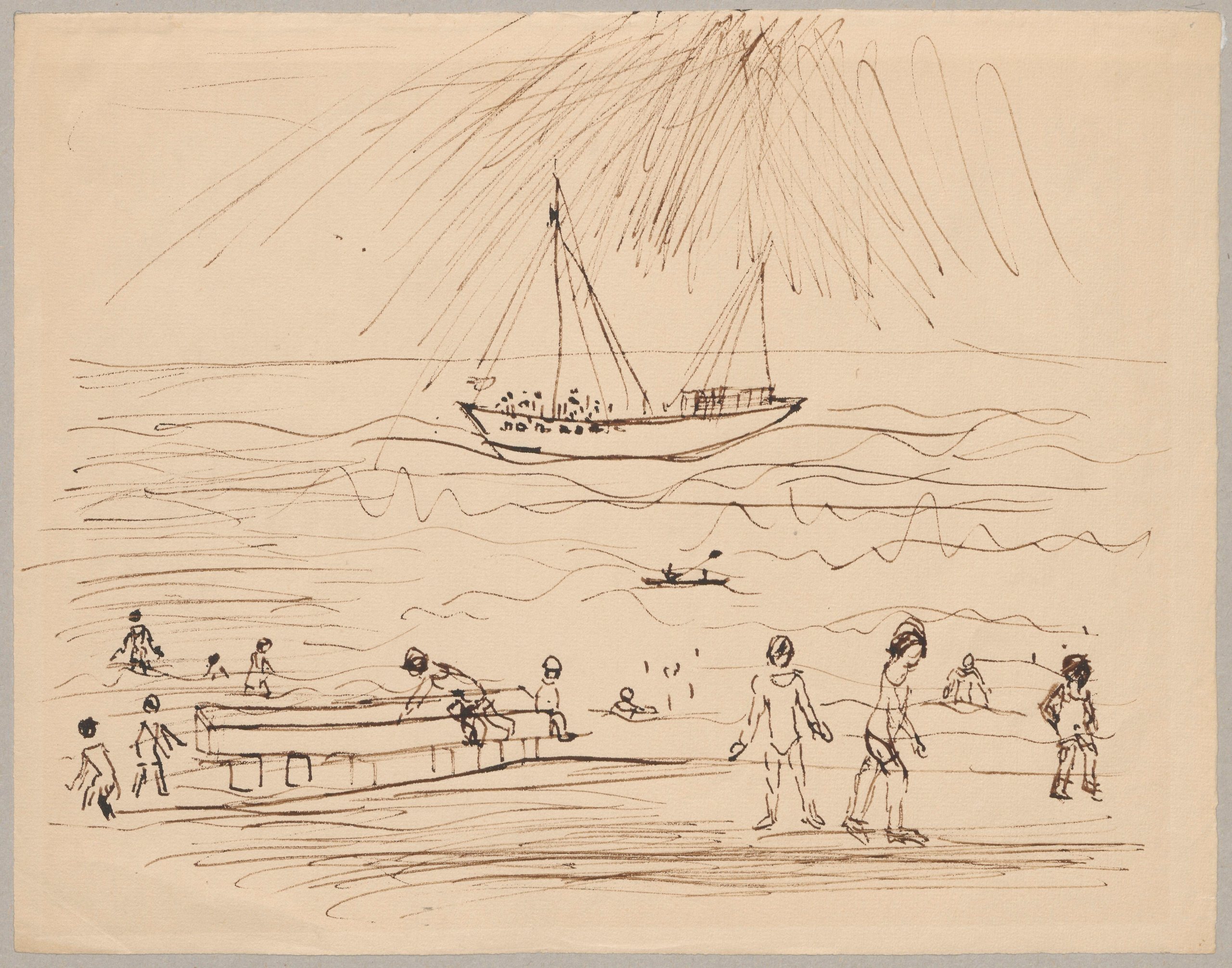 《在拉罗谢尔的海滩上，孩子们在岸边》（On the beach in La Rochelle with children on the shore）｜塔德乌什·马科夫斯基 Tadeusz Makowski｜1932