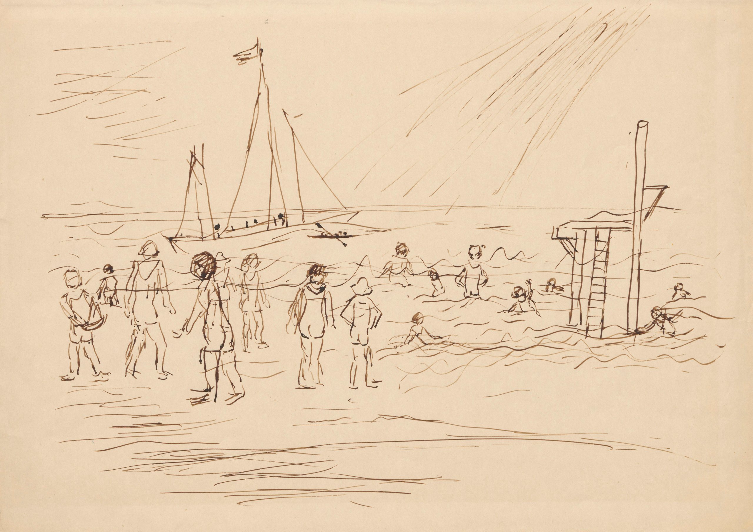 《在拉罗谢尔的海滩上》（On the beach in La Rochelle）｜塔德乌什·马科夫斯基 Tadeusz Makowski｜1931