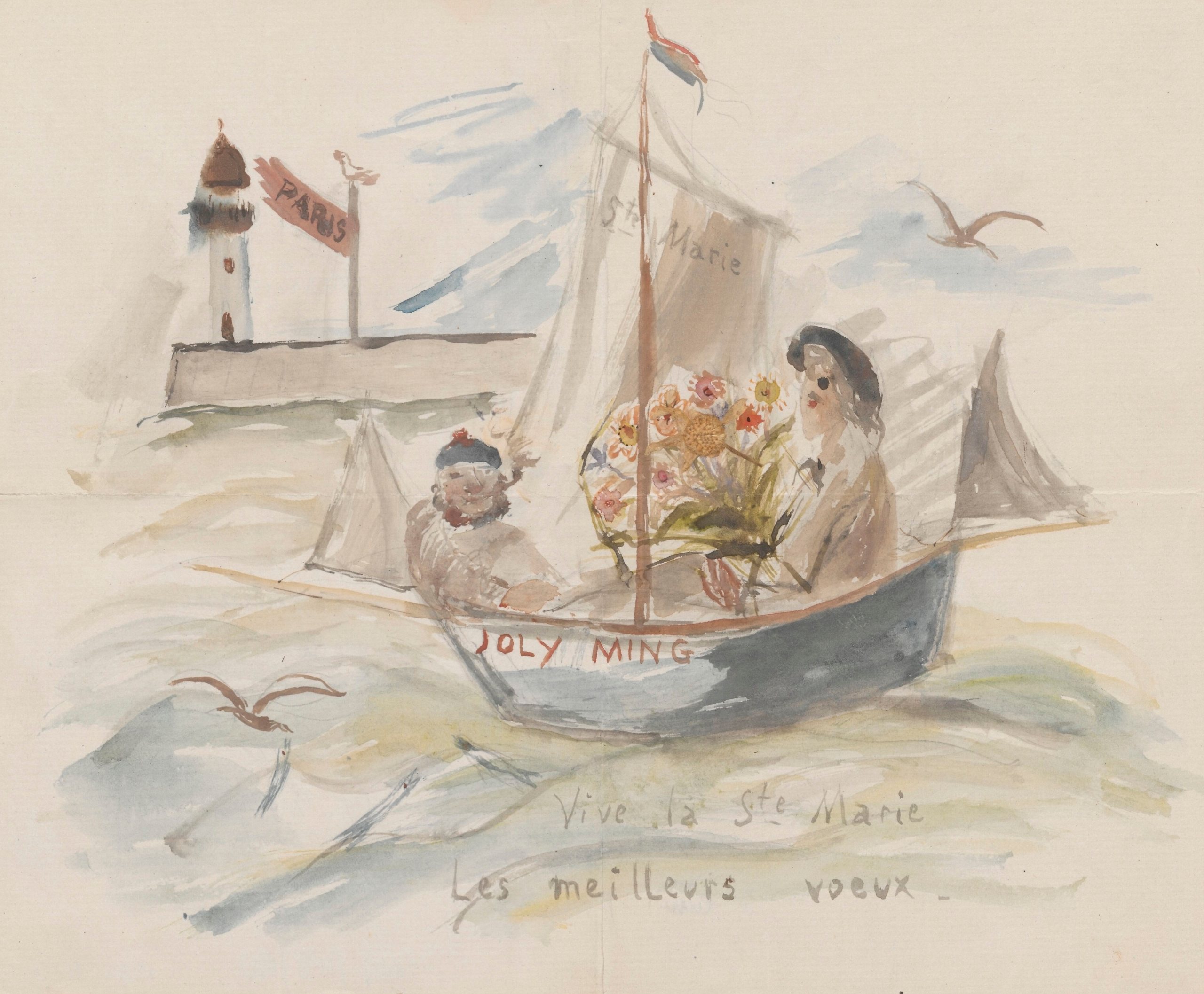 《玛丽亚·密茨凯维奇夫娜 (Maria Mickiewiczówna) 的命名日贺卡，上面画着艺术家在船上的自画像》（Name day card for Maria Mickiewiczówna with a drawing showing a self-portrait of the artist in a boat）｜塔德乌什·马科夫斯基 Tadeusz Makowski｜1927