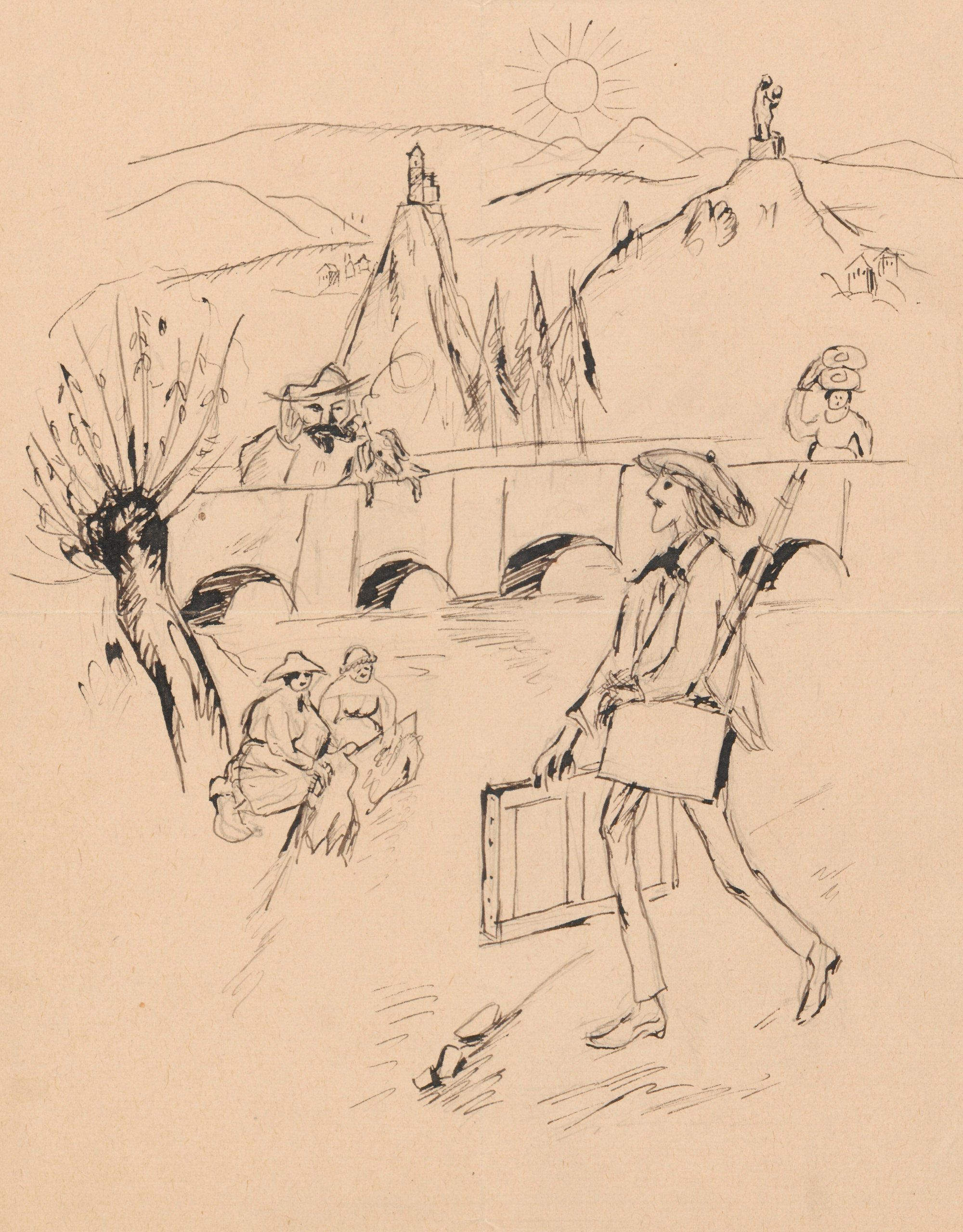 《给玛丽的信中附有画作“Promenadespittoresques…（chacun son métier）”》（Drawing 'Promenades pittoresques… (chacun son métier)' attached to the letter to Mary）｜塔德乌什·马科夫斯基 Tadeusz Makowski｜1918