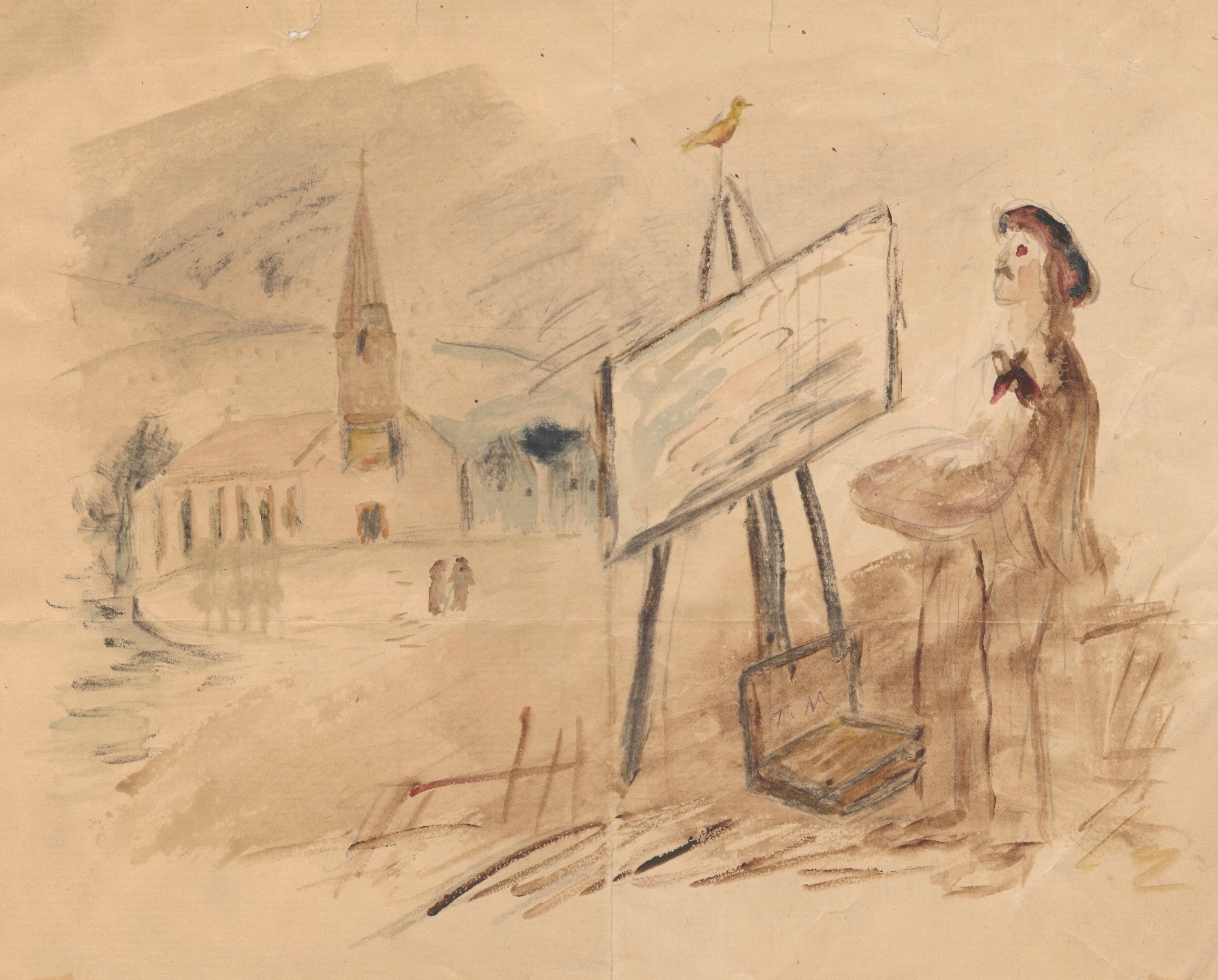 《艺术家在露天画架上的自画像》（Self-portrait of the artist at an easel in the open）｜塔德乌什·马科夫斯基 Tadeusz Makowski｜1923