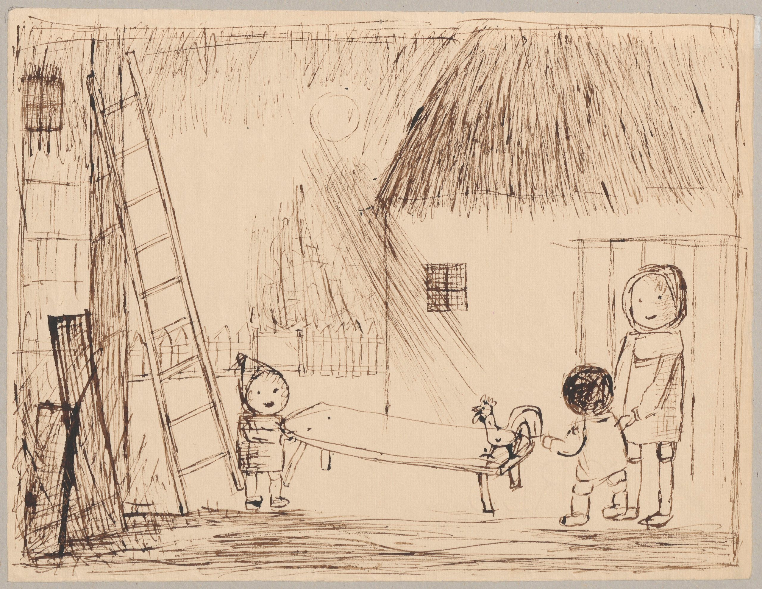 《三个孩子和一只公鸡在院子里》（Three children with a rooster in the yard）｜塔德乌什·马科夫斯基 Tadeusz Makowski｜1932