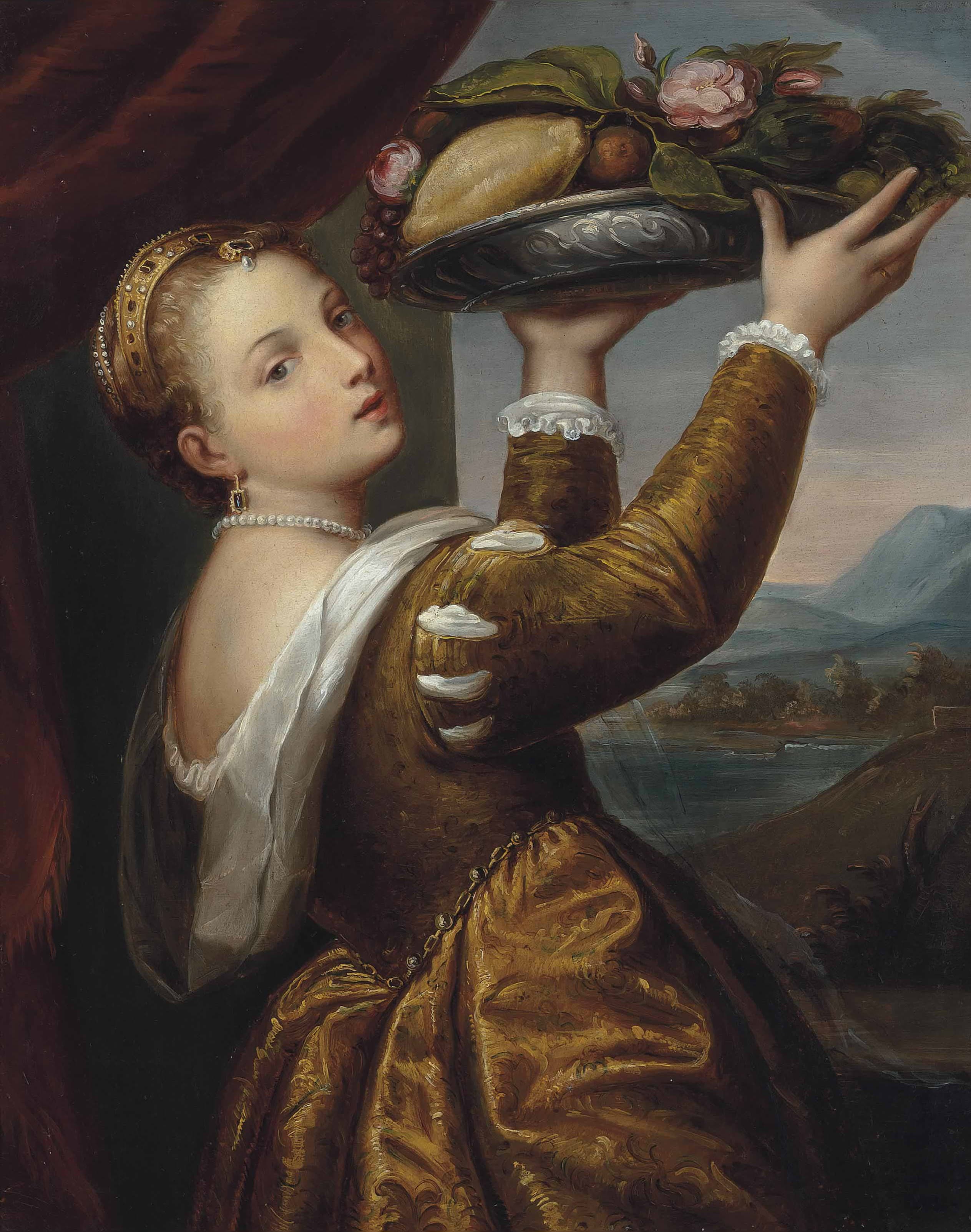 《手持果篮的少女拉维尼娅》（Girl with a Basket of Fruits (Lavinia)）｜提香 Titian｜约1555–1558