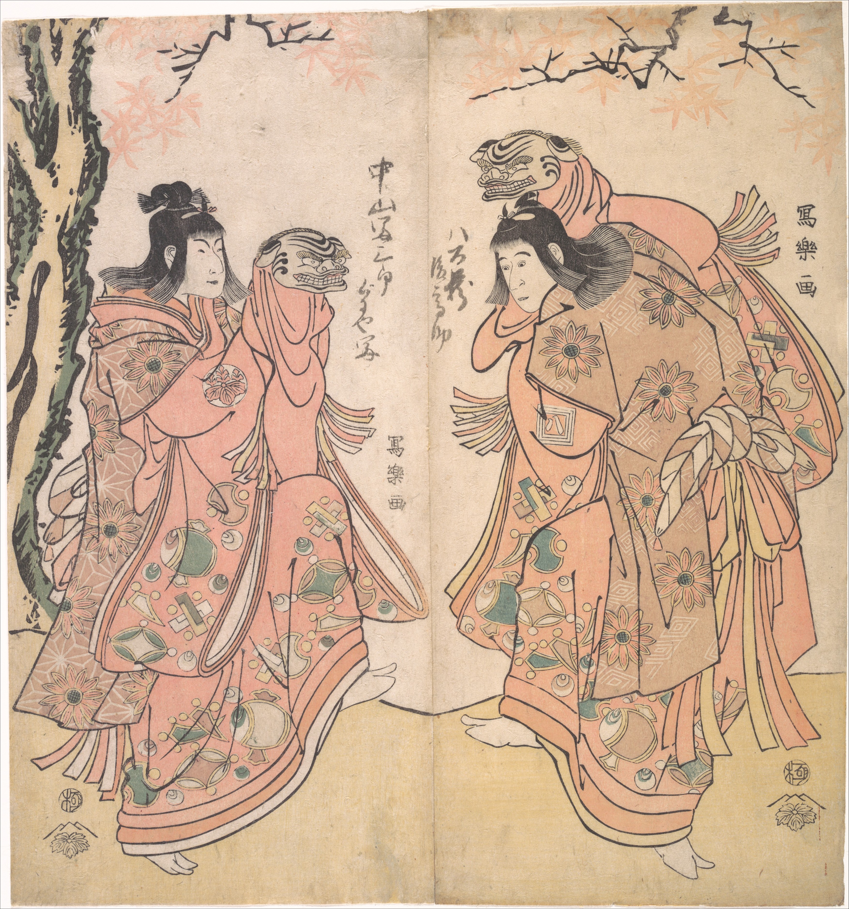 三代市川八三郎（右）和一号中山富三郎（左）饰两个神室舞狮