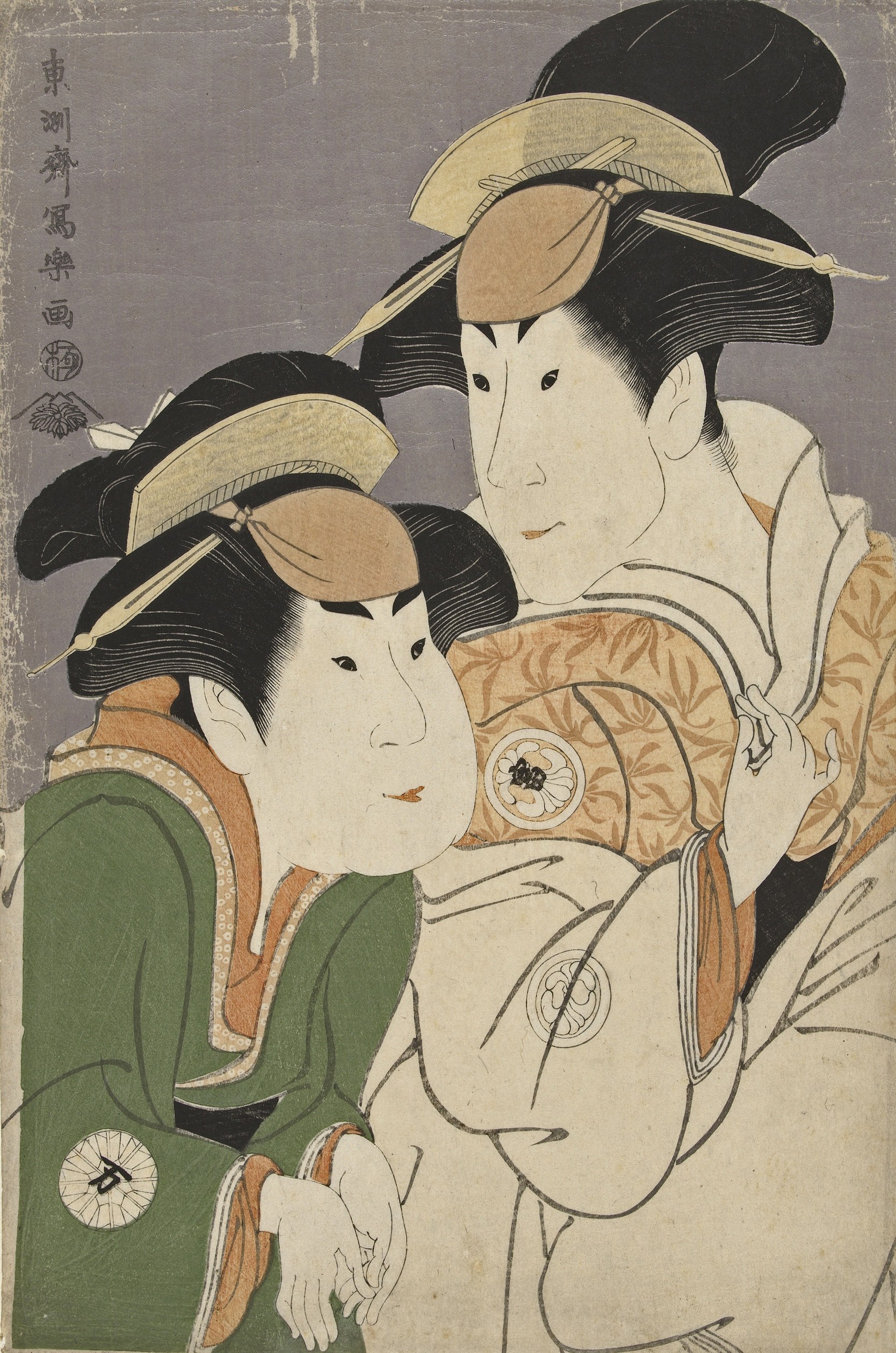 濑川富三郎二世和中村万叶在话剧《花荻女文禄曾我》中饰矢鸟木和她的女仆若草