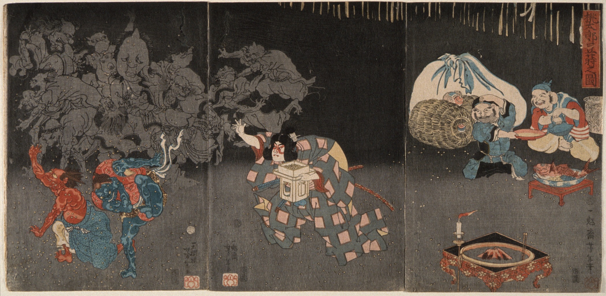 《桃太郎撒豆子》（Momotarō Scattering Beans）｜月冈芳年 Tsukioka Yoshitoshi｜不明