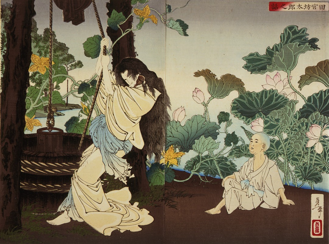 月冈芳年作品：树下廊前的女子