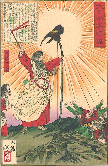《神武天皇与弓上八咫乌》（Emperor Jimmu with the Yata crow perched on his bow）｜月冈芳年 Tsukioka Yoshitoshi｜1880