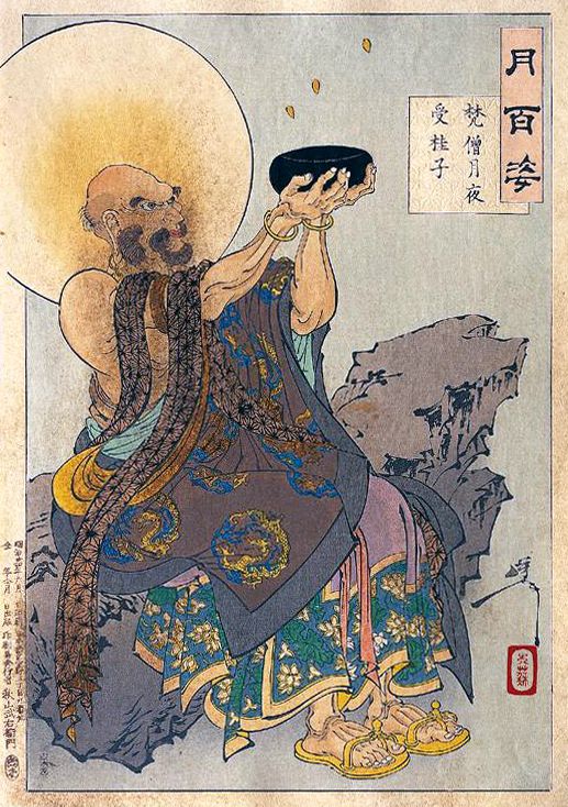 《梵僧月夜受桂子》（A Buddhist monk receives osmanthus seeds on a moonlit night）｜月冈芳年 Tsukioka Yoshitoshi｜1891