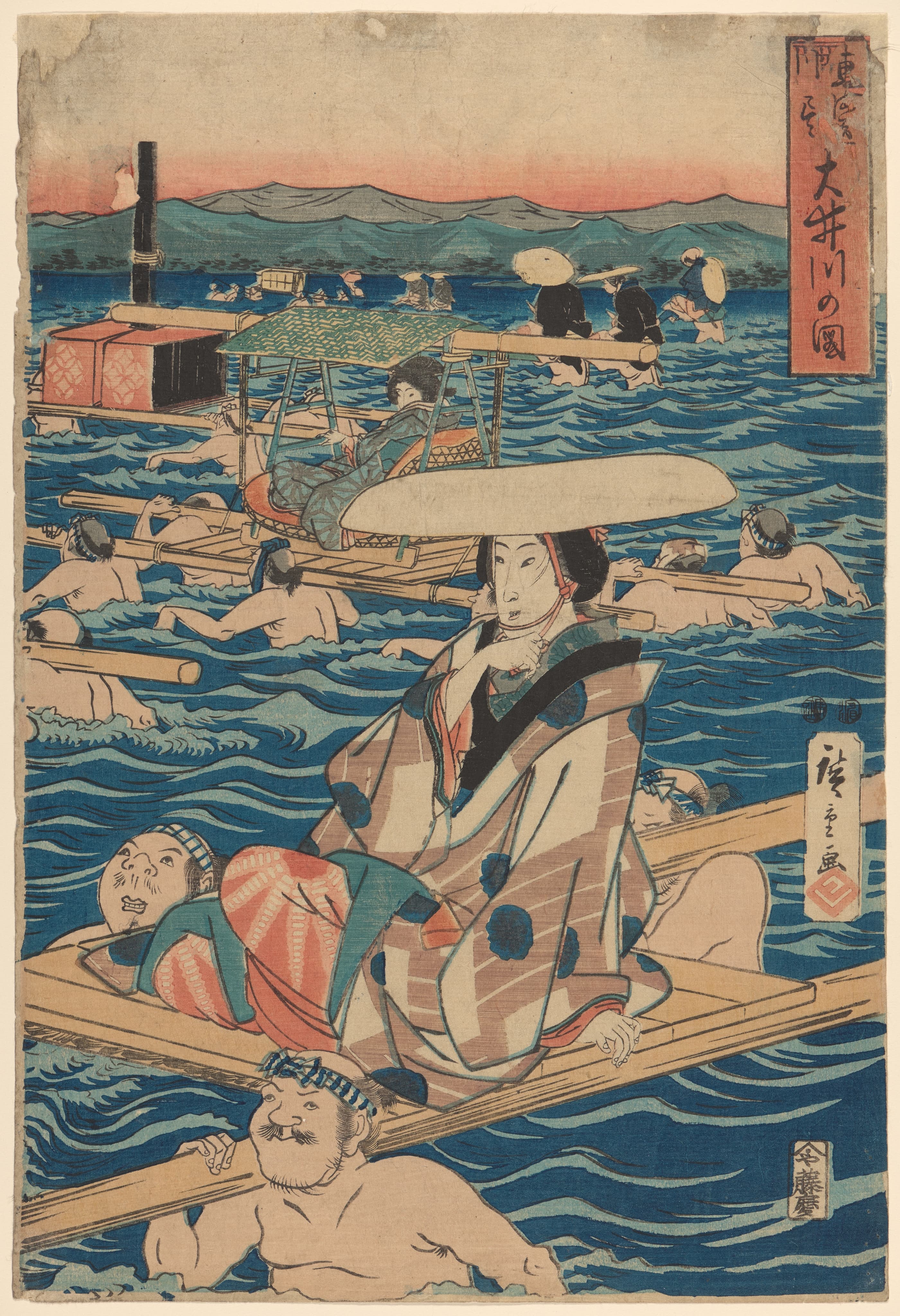 《渡过宽阔河川》（Fording a Broad River）｜歌川广重 Utagawa Hiroshige｜19世纪