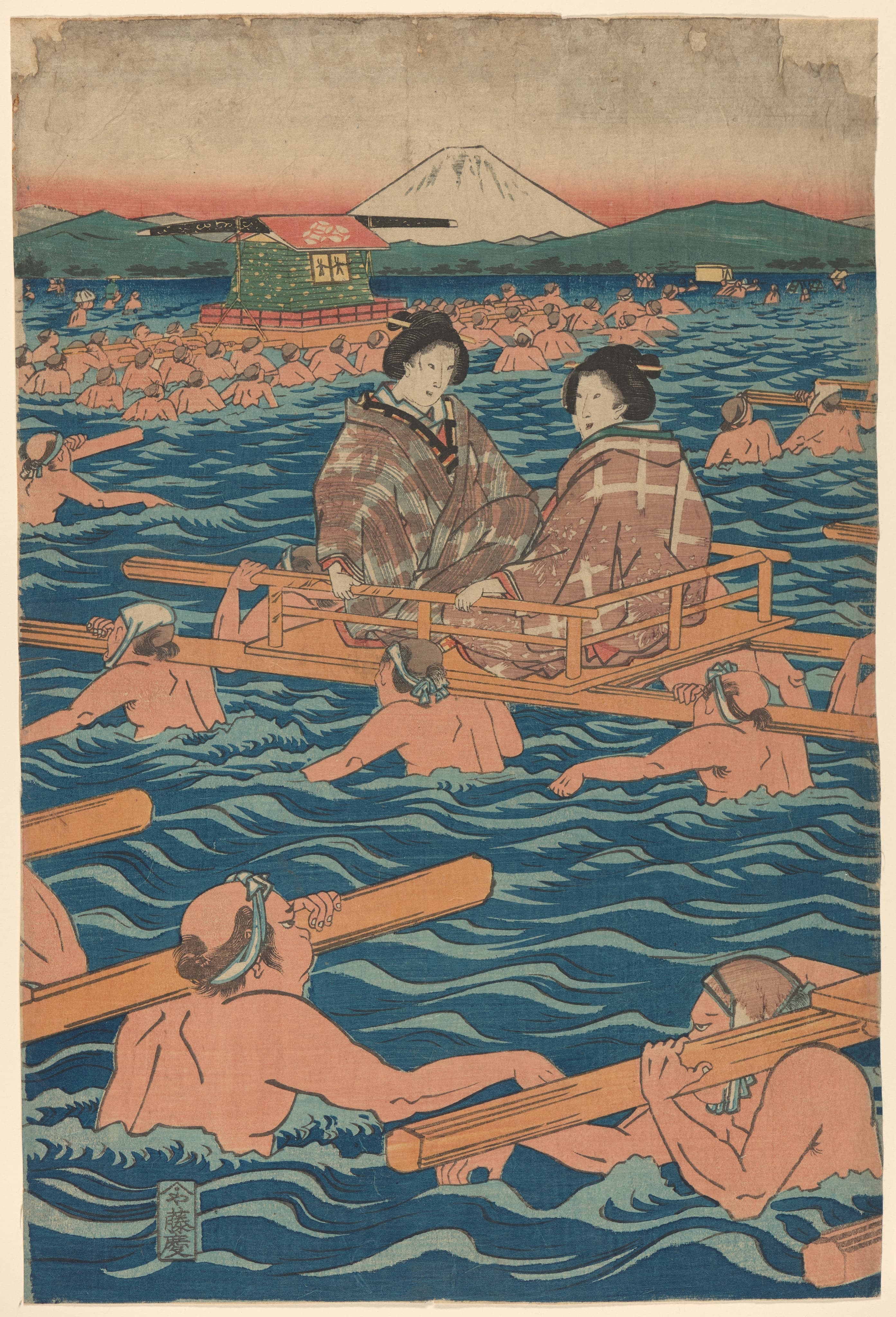 《渡过宽阔河川》（Fording a Broad River）｜歌川广重 Utagawa Hiroshige｜19世纪