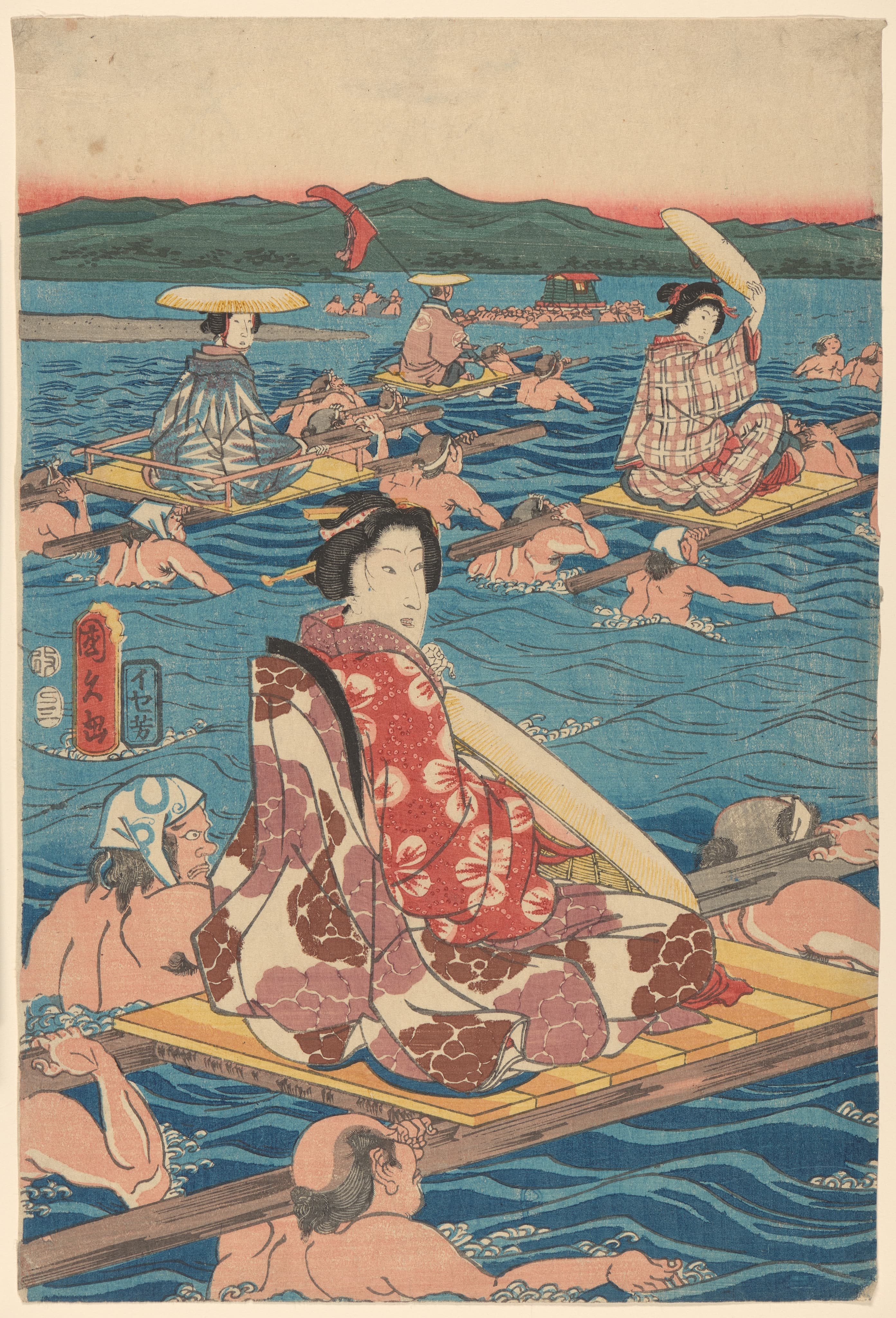 《渡过宽阔河川》（Fording a Broad River）｜歌川广重 Utagawa Hiroshige｜19世纪