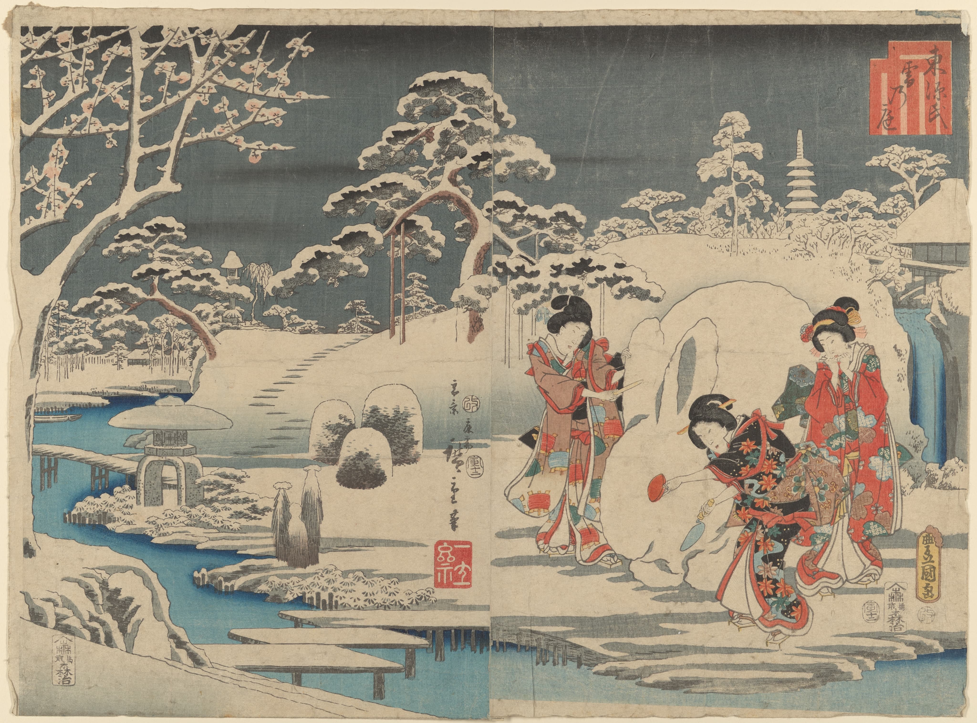 《庭园中制作雪兔的三位女子》（Three Women Making a Snow Rabbit in a Garden）｜歌川广重 Utagawa Hiroshige｜1854