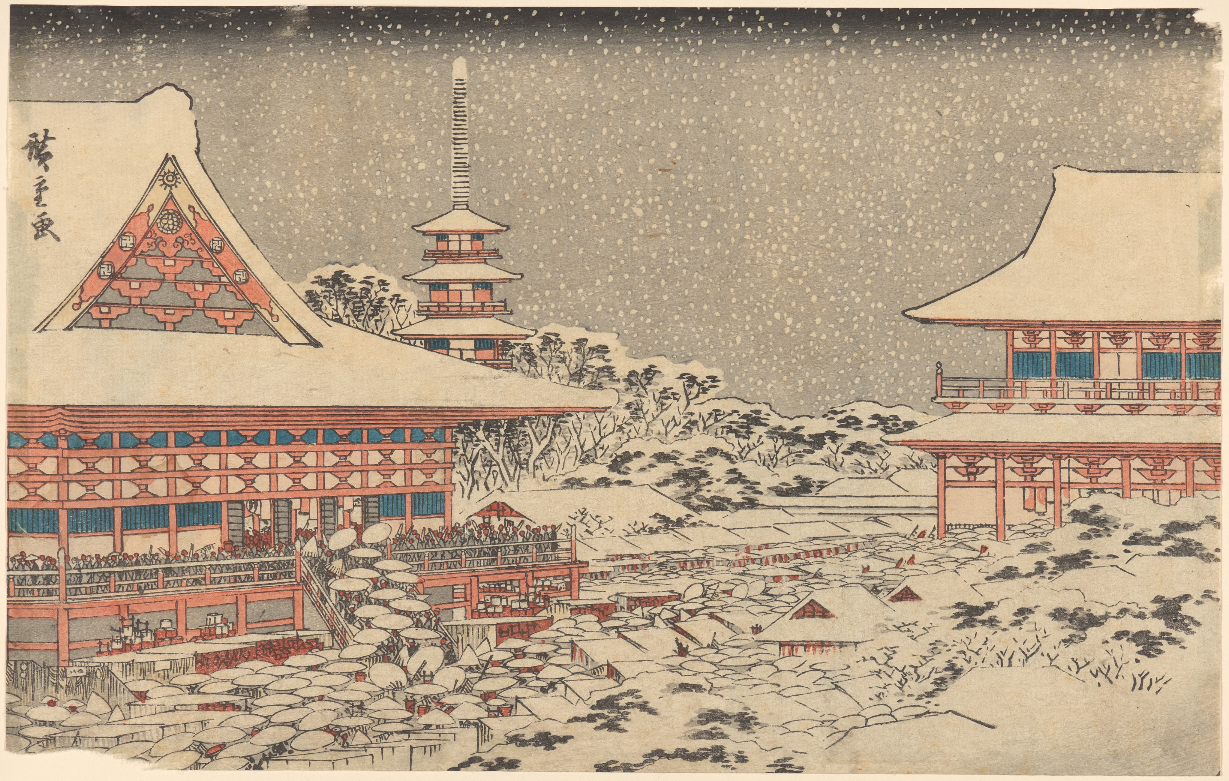 《雪中两座红亭》（Two Red Pavilions in Snow）｜歌川广重 Utagawa Hiroshige｜19世纪