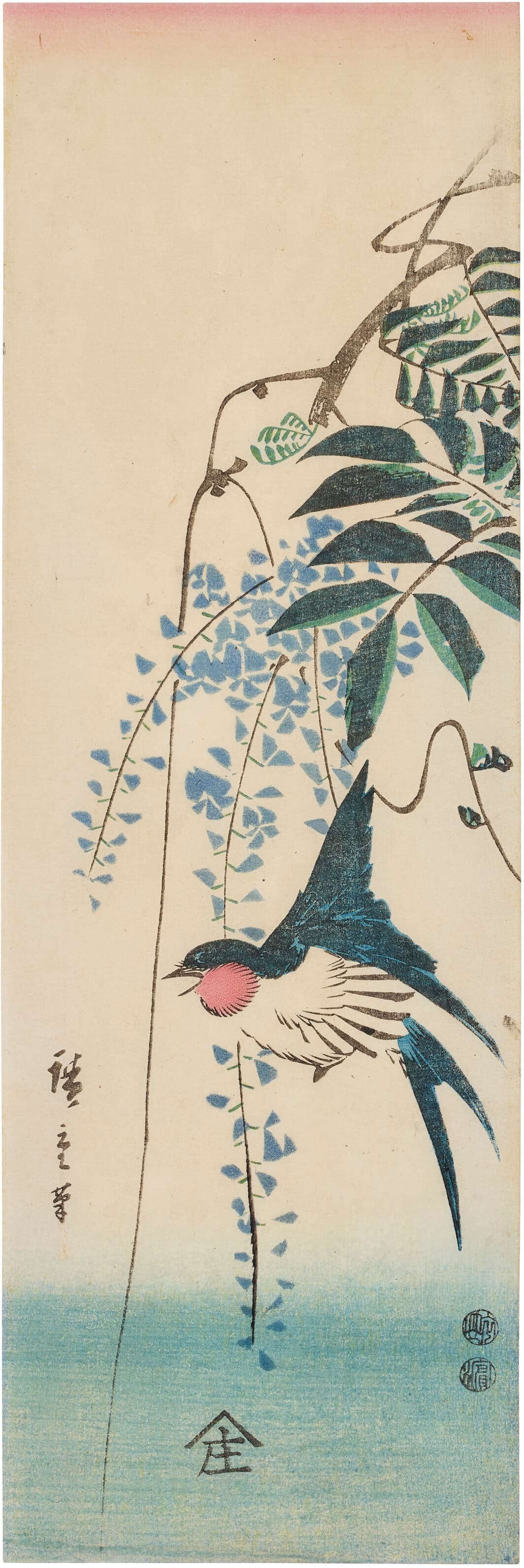 《燕与紫藤》（Swallow and Wisteria）｜歌川广重 Utagawa Hiroshige｜约 1847-1852