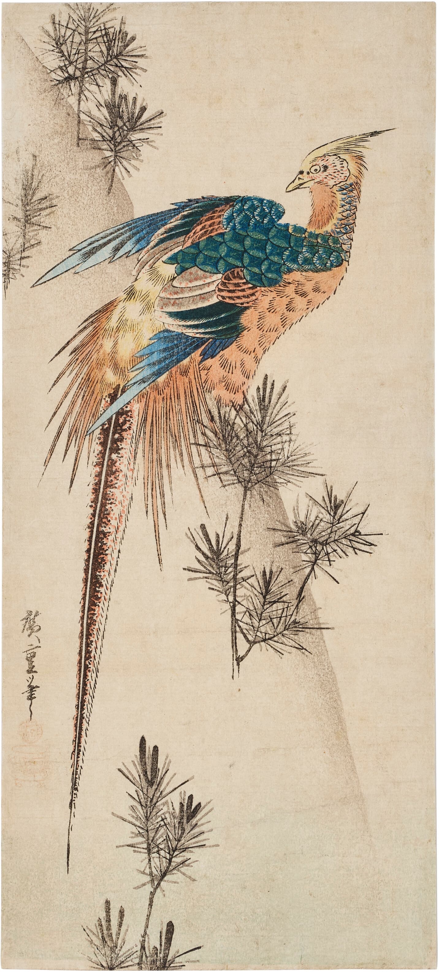 《雪中雉鸡与松枝》（Pheasant and pine shoots in snow）｜歌川广重 Utagawa Hiroshige｜1833