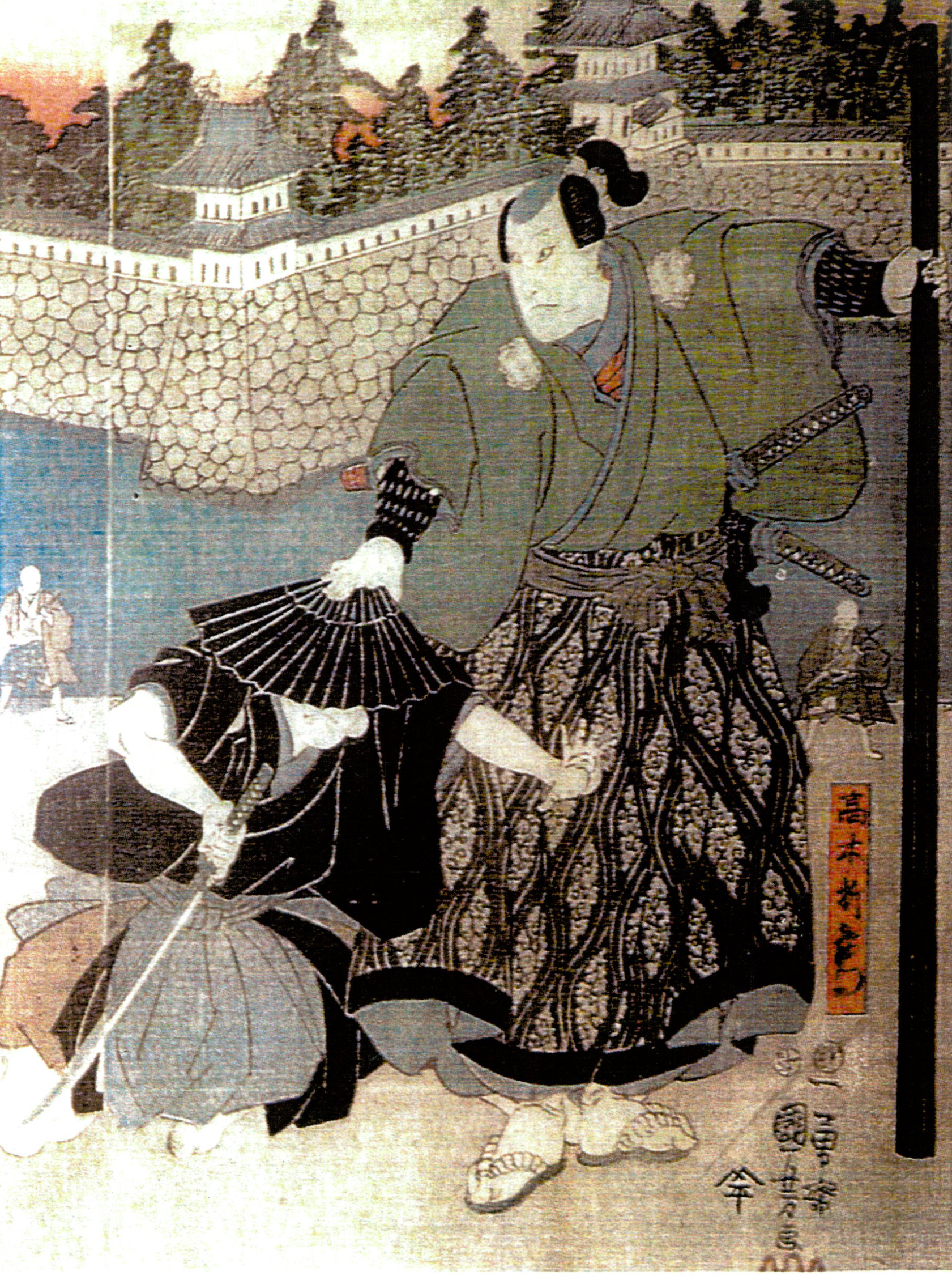 《夜樱下撑伞的男子（役者绘）》（Man with Umbrella under Night Cherry Blossoms）｜歌川国芳 Utagawa Kuniyoshi｜江户时代