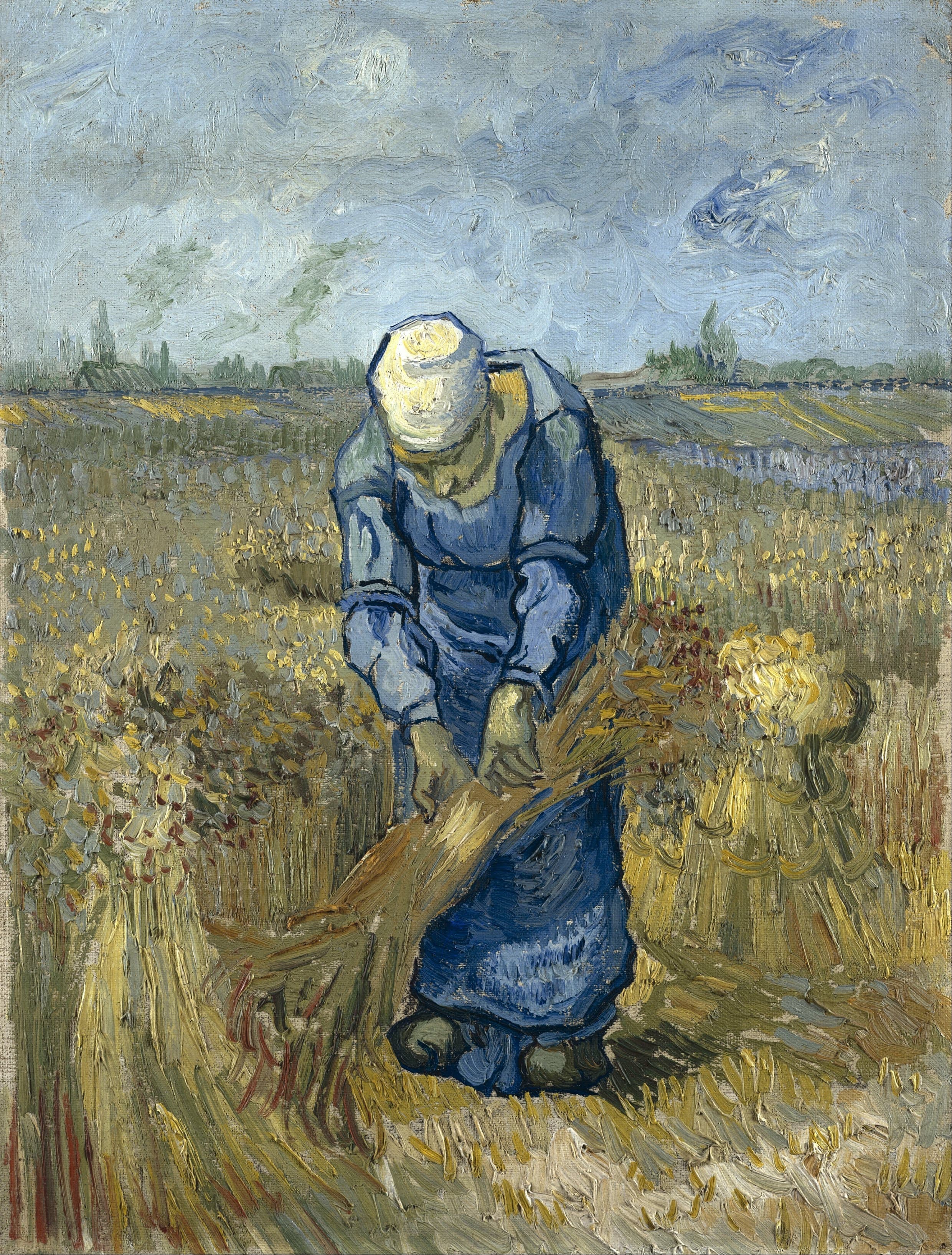 《捆扎麦捆的农妇（仿米勒）》（Peasant Woman Binding Sheaves (After Millet)）｜文森特·梵高 Vincent van Gogh｜1889