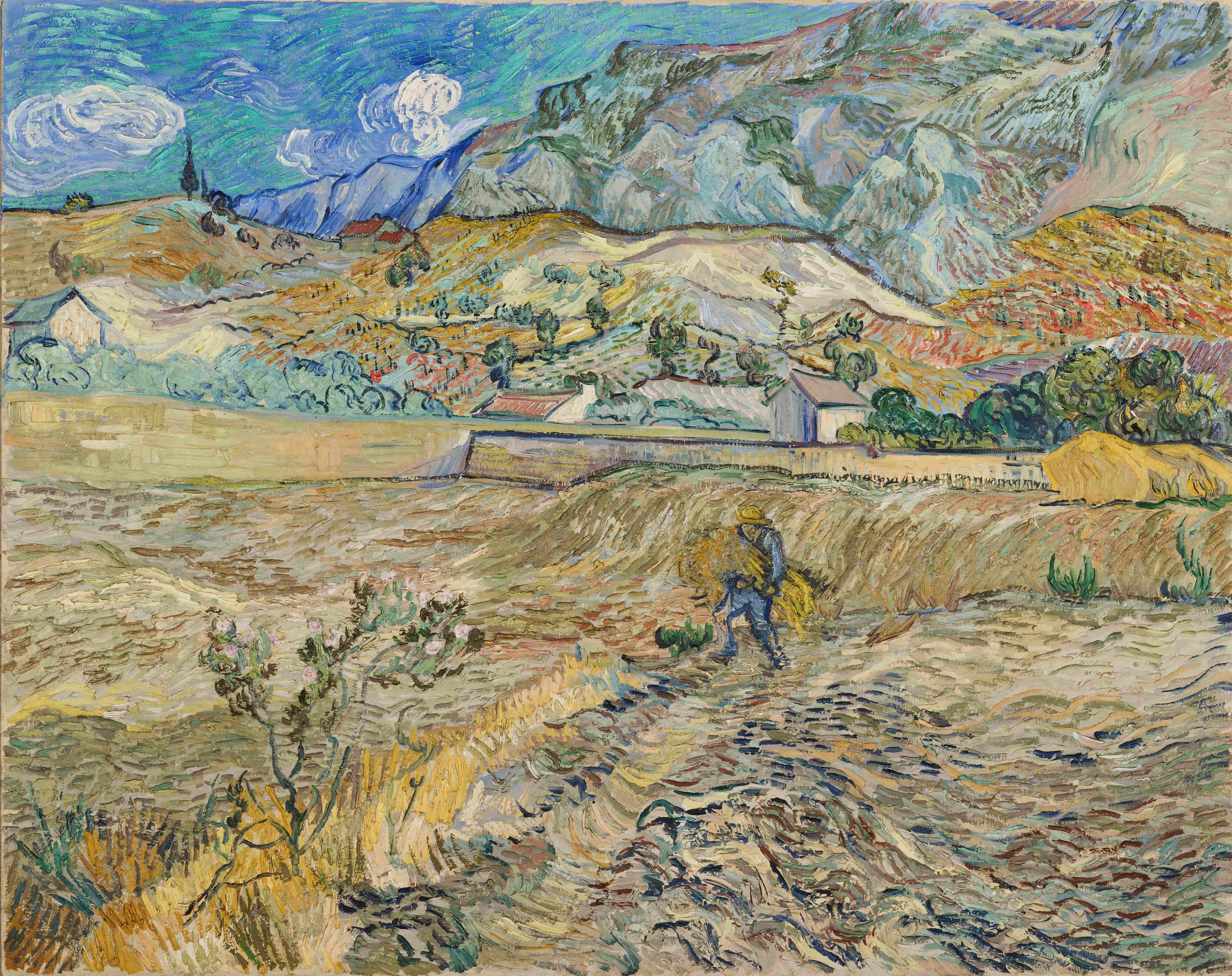 《圣雷米封闭田地景观与农民》（Landscape at Saint Remy Enclosed Field with Peasant）｜文森特·梵高 Vincent van Gogh｜1889
