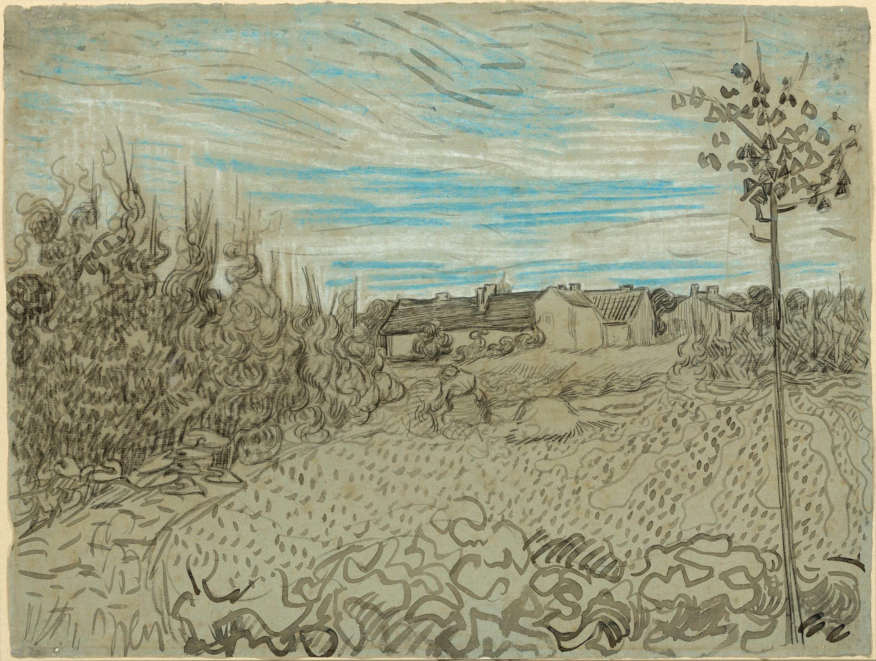 《小屋与一名在中间地带工作的妇女》（Cottages with A Woman Working in the Middle Ground）｜文森特·梵高 Vincent van Gogh｜1890