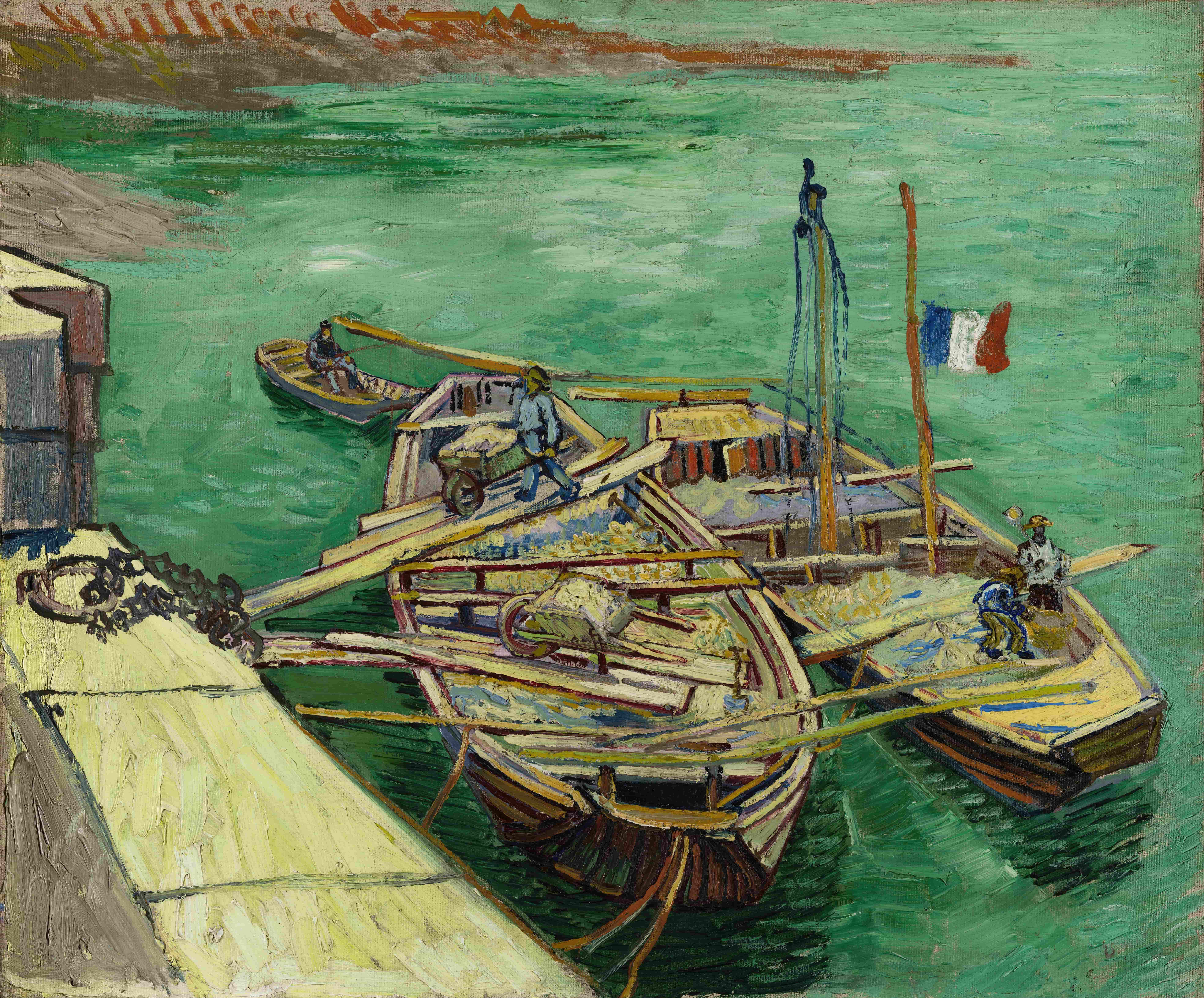 《码头上有人正在卸沙驳船》（Quay with Men Unloading Sand Barges）｜文森特·梵高 Vincent van Gogh｜1888