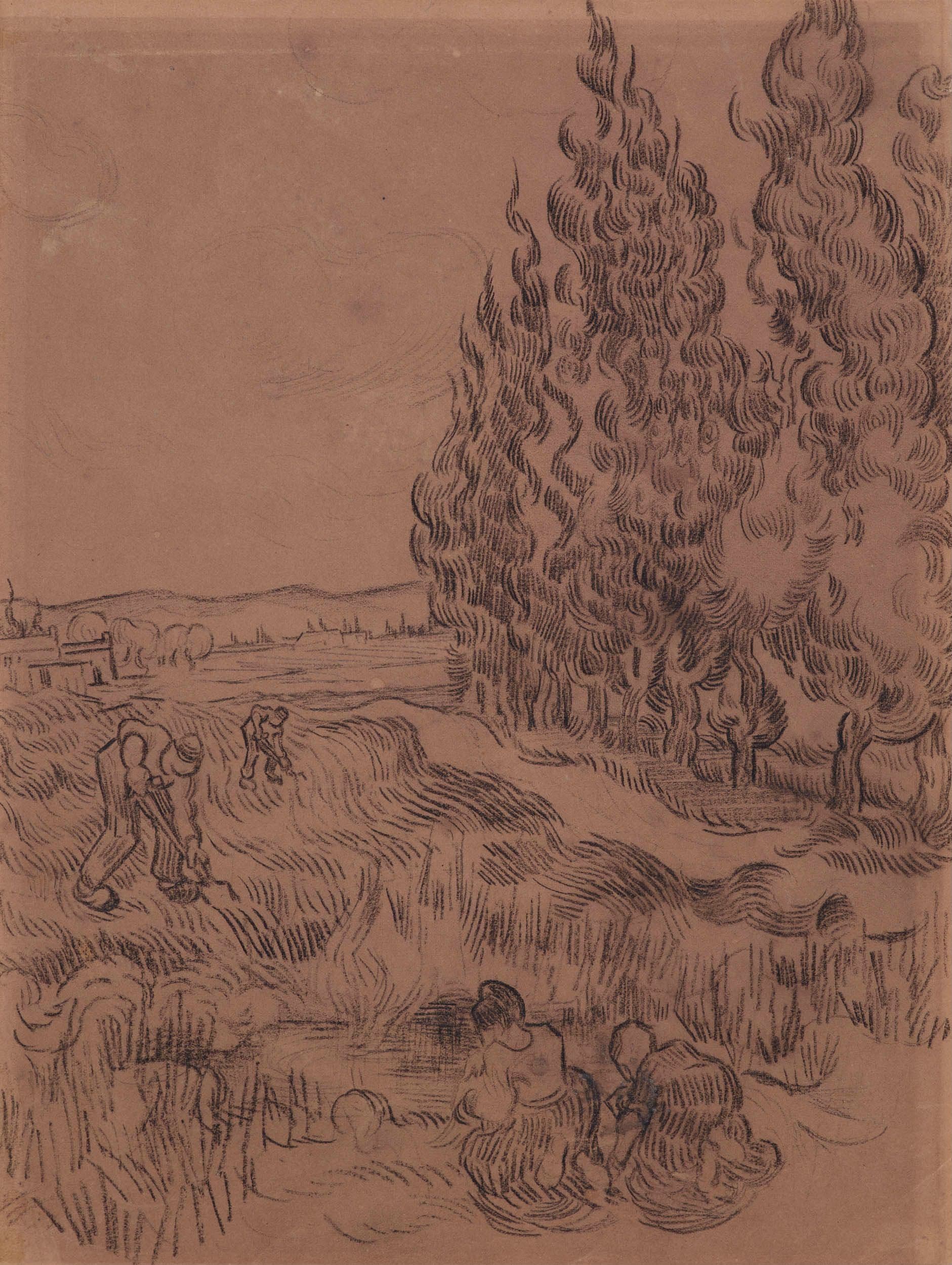 《柏树和四人在田间工作》（Cypresses with Four People Working in the Field）｜文森特·梵高 Vincent van Gogh｜1889