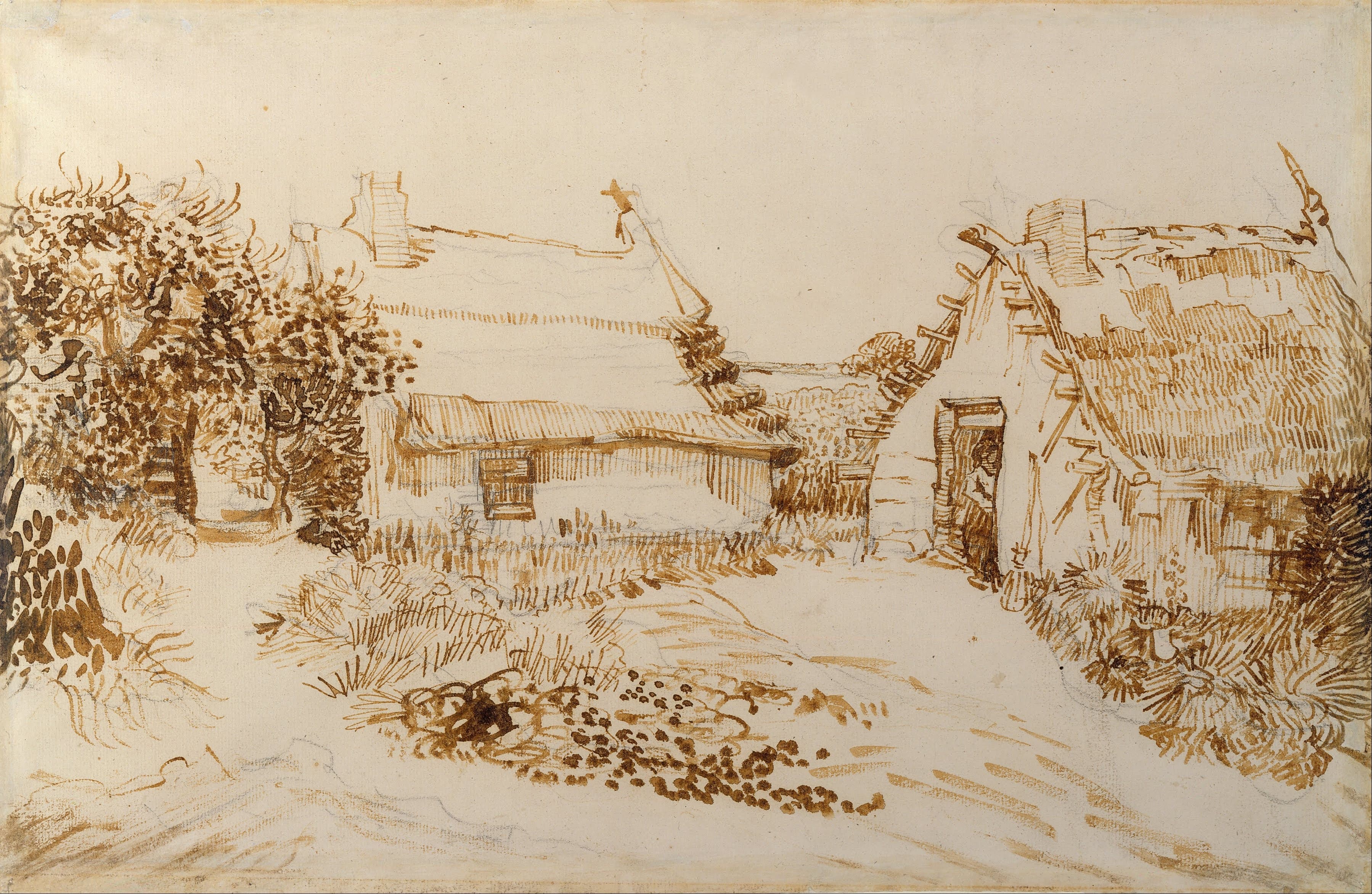 《圣玛丽德拉梅尔的两间小屋》（Two Cottages at Saintes Maries De La Mer）｜文森特·梵高 Vincent van Gogh｜1888