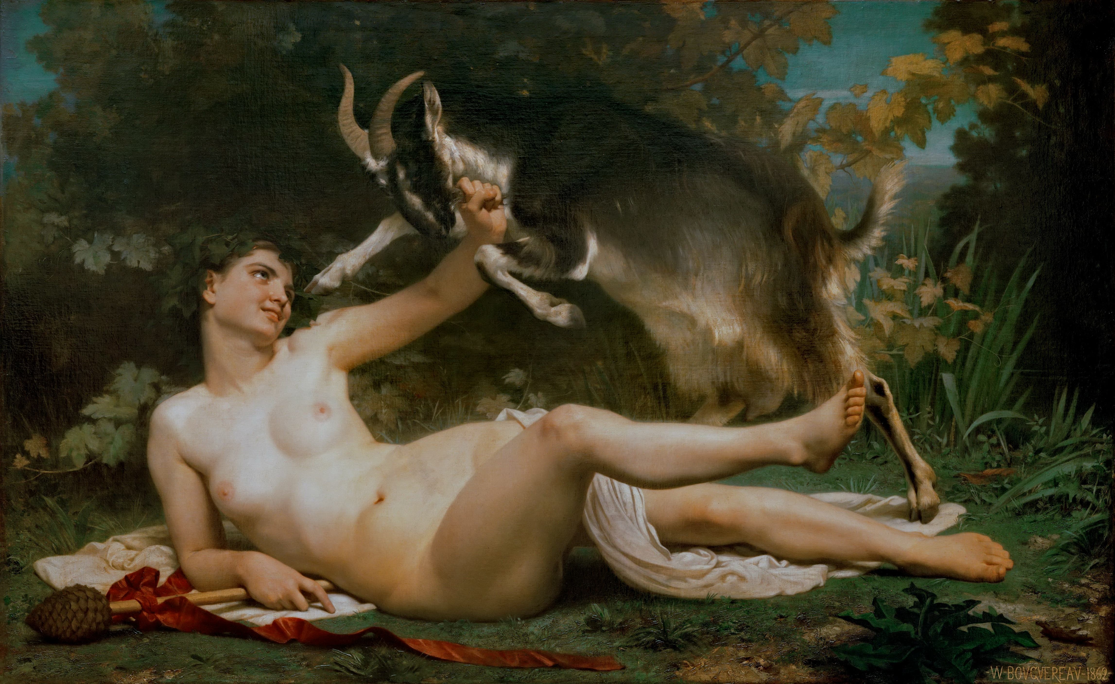《与山羊嬉戏的酒神女祭司》（Bacchante Playing with a Goat）｜威廉-阿道夫·布格罗 William-Adolphe Bouguereau｜1862