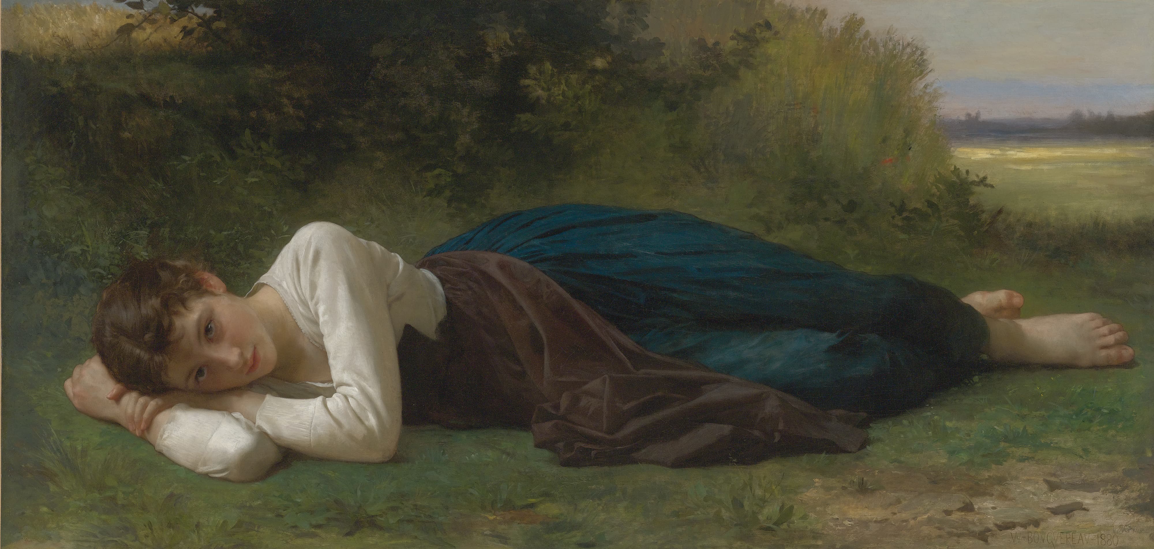 《休息：斜倚的少女》（Rest (Young Girl Reclining)）｜威廉-阿道夫·布格罗 William-Adolphe Bouguereau｜1880