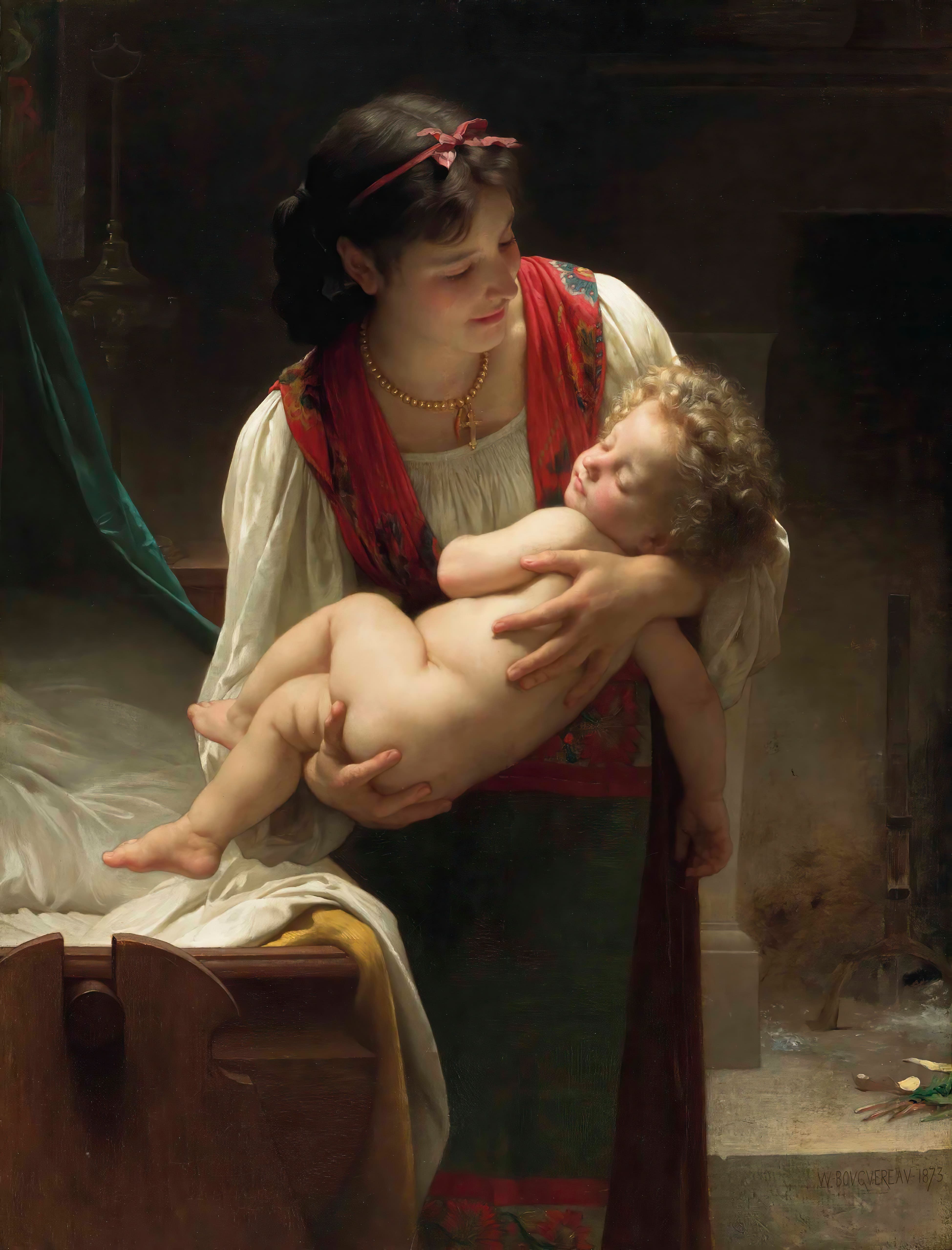 《摇篮曲：就寝》（Berceuse (Le coucher)）｜威廉-阿道夫·布格罗 William-Adolphe Bouguereau｜1873