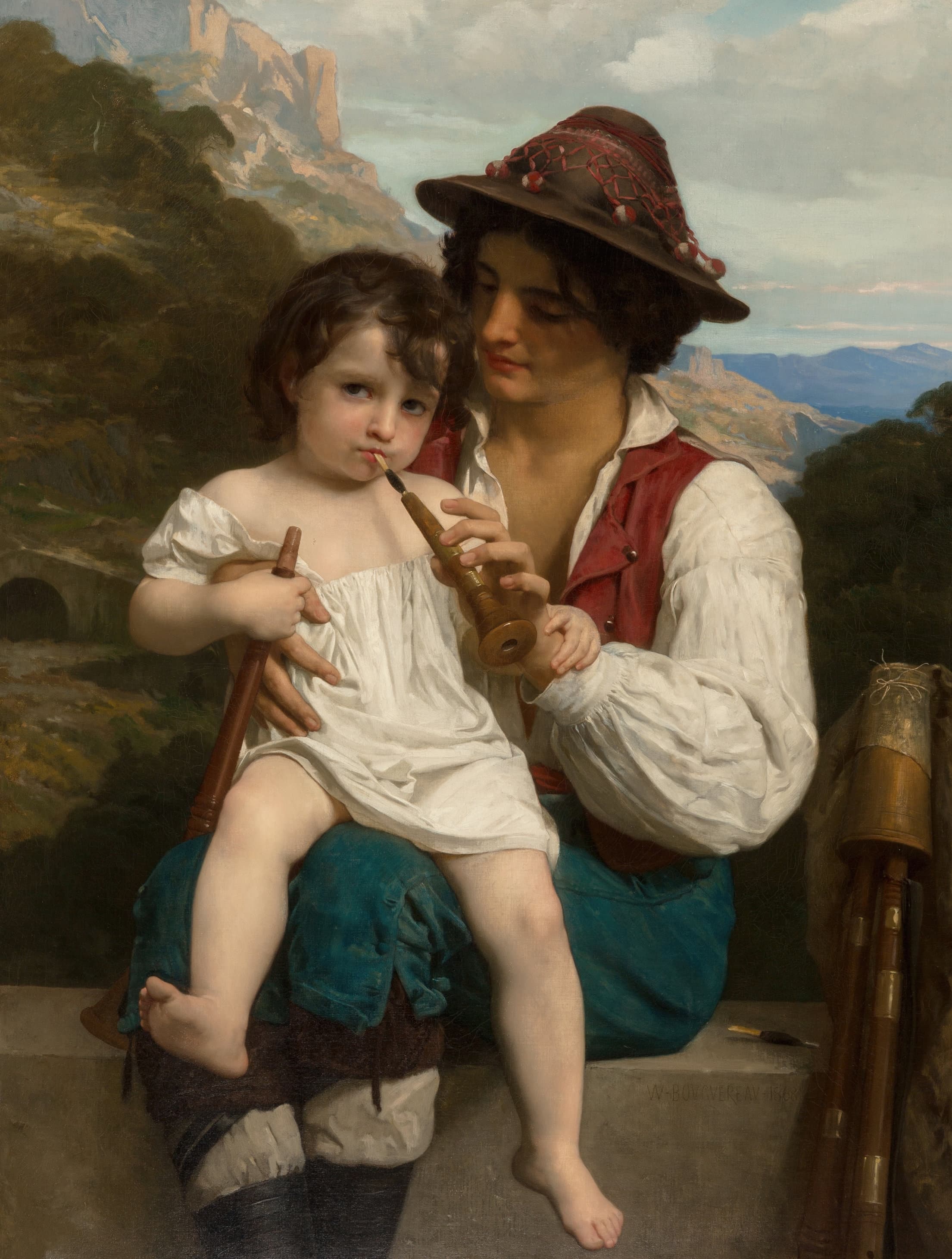 《长笛课》（La leçon de flûte）｜威廉-阿道夫·布格罗 William-Adolphe Bouguereau｜1868