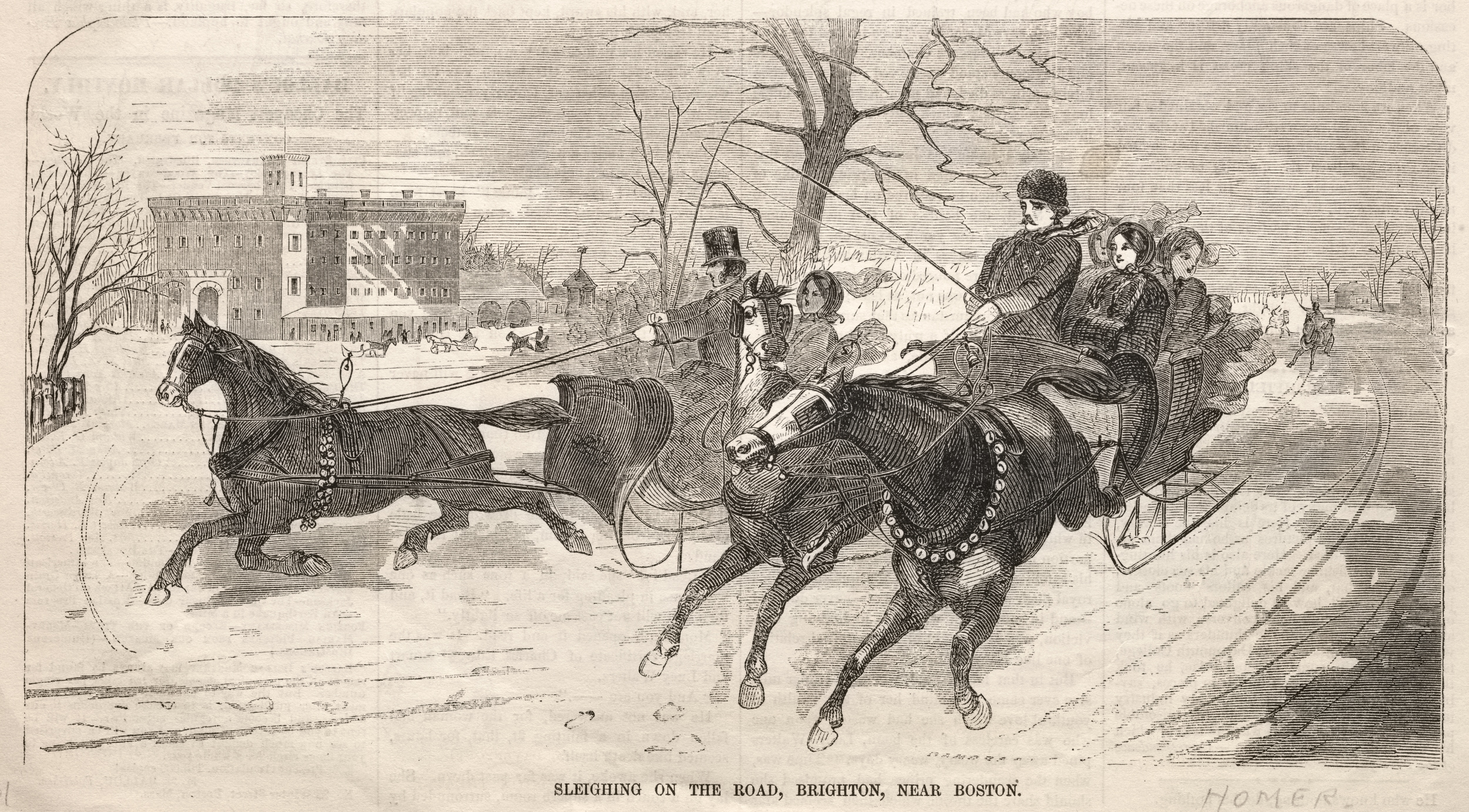 《在波士顿附近的布莱顿路上乘坐雪橇》（sleighing on the road brighton near boston）｜温斯洛·霍默 Winslow Homer｜1859