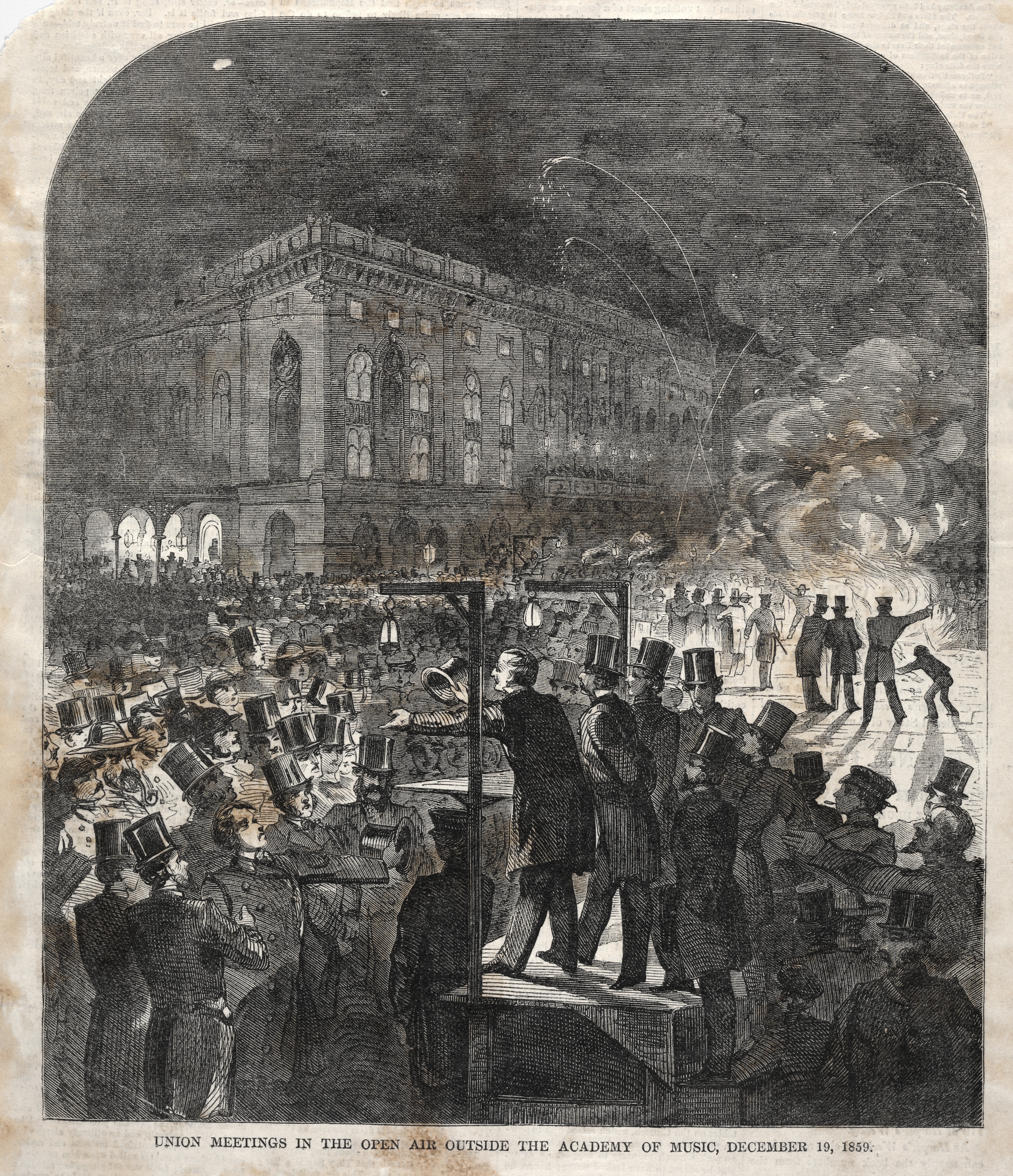 《工会在音乐学院外露天举行会议》（union meeting in the open air outside the academy of music）｜温斯洛·霍默 Winslow Homer｜1859
