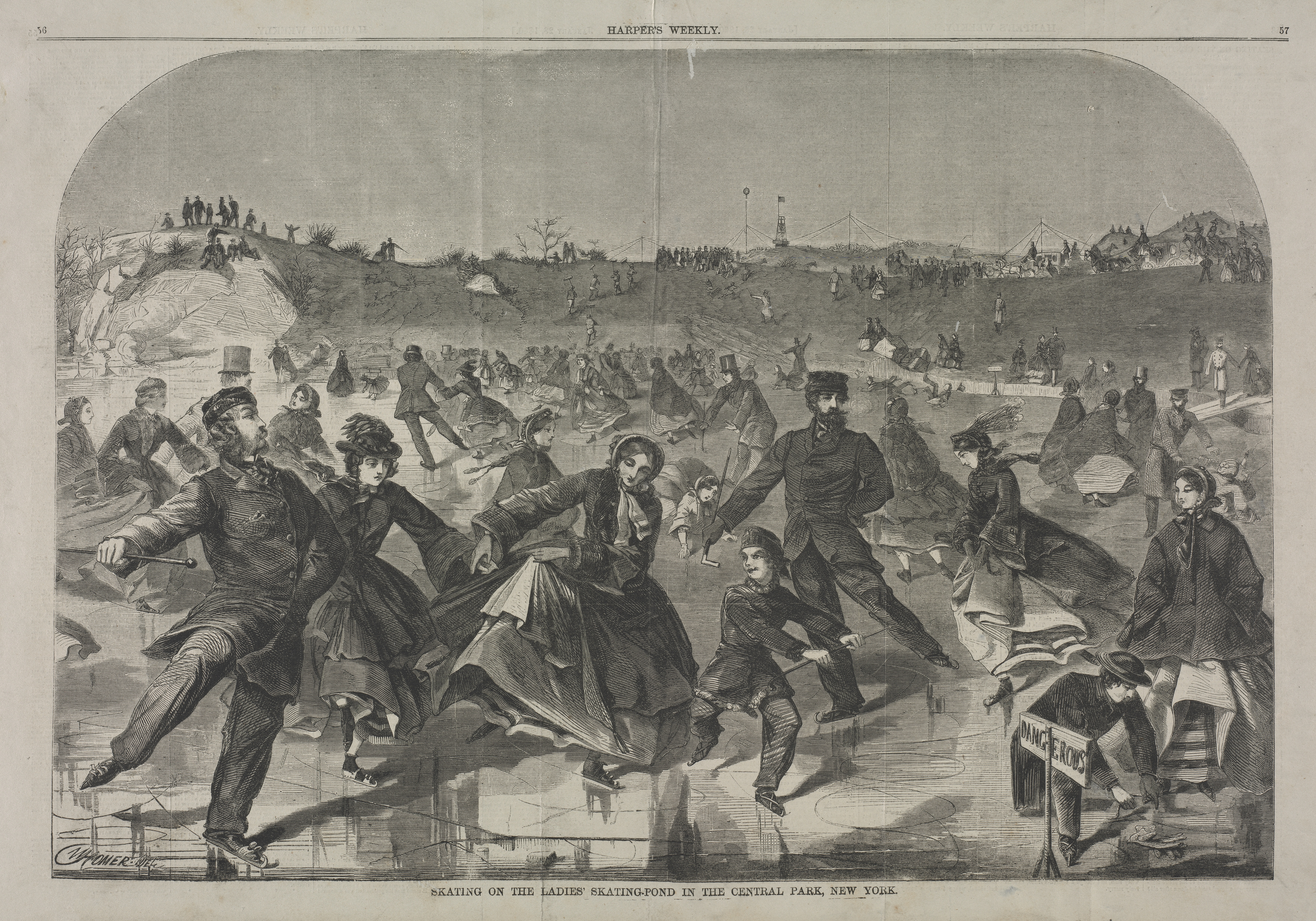 《在纽约中央公园的女士滑冰池上滑冰》（skating on the ladies skating pond in central park new york）｜温斯洛·霍默 Winslow Homer｜1860