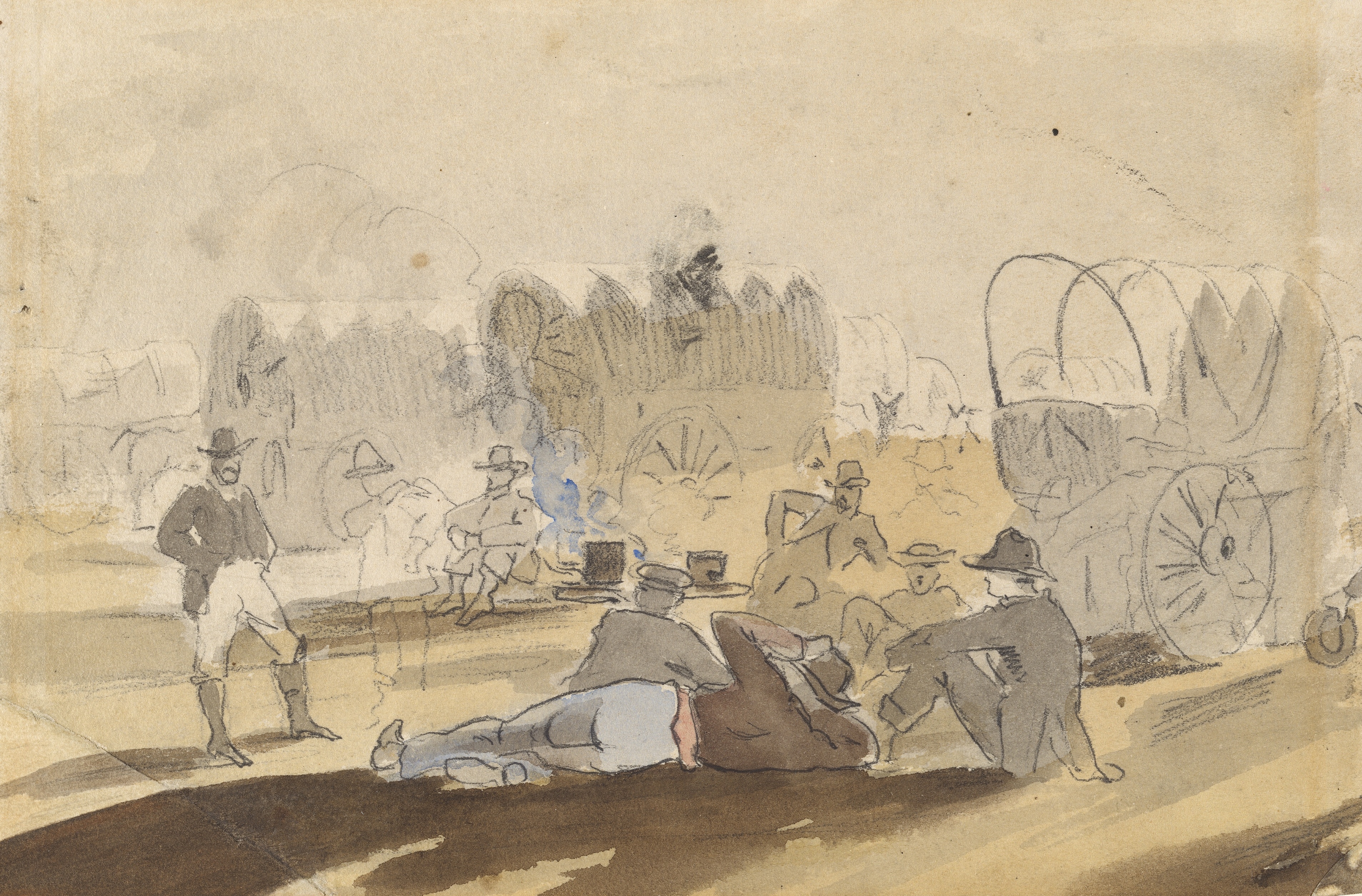 《有盖货车停在正面的大篷车》（caravan with covered wagons resting recto）｜温斯洛·霍默 Winslow Homer｜1861