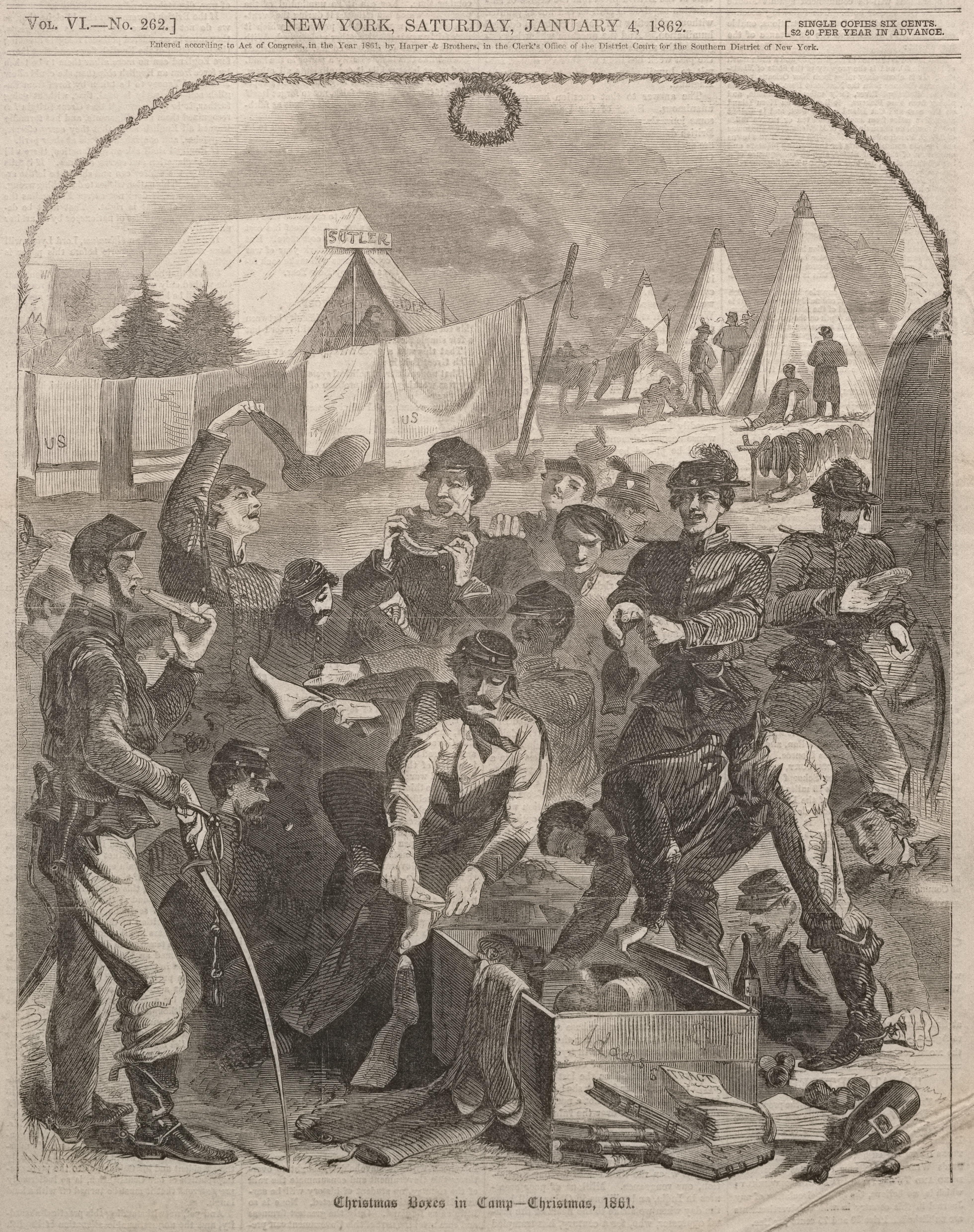 《圣诞节营里的圣诞盒子》（christmas boxes in camp christmas）｜温斯洛·霍默 Winslow Homer｜1861–1862