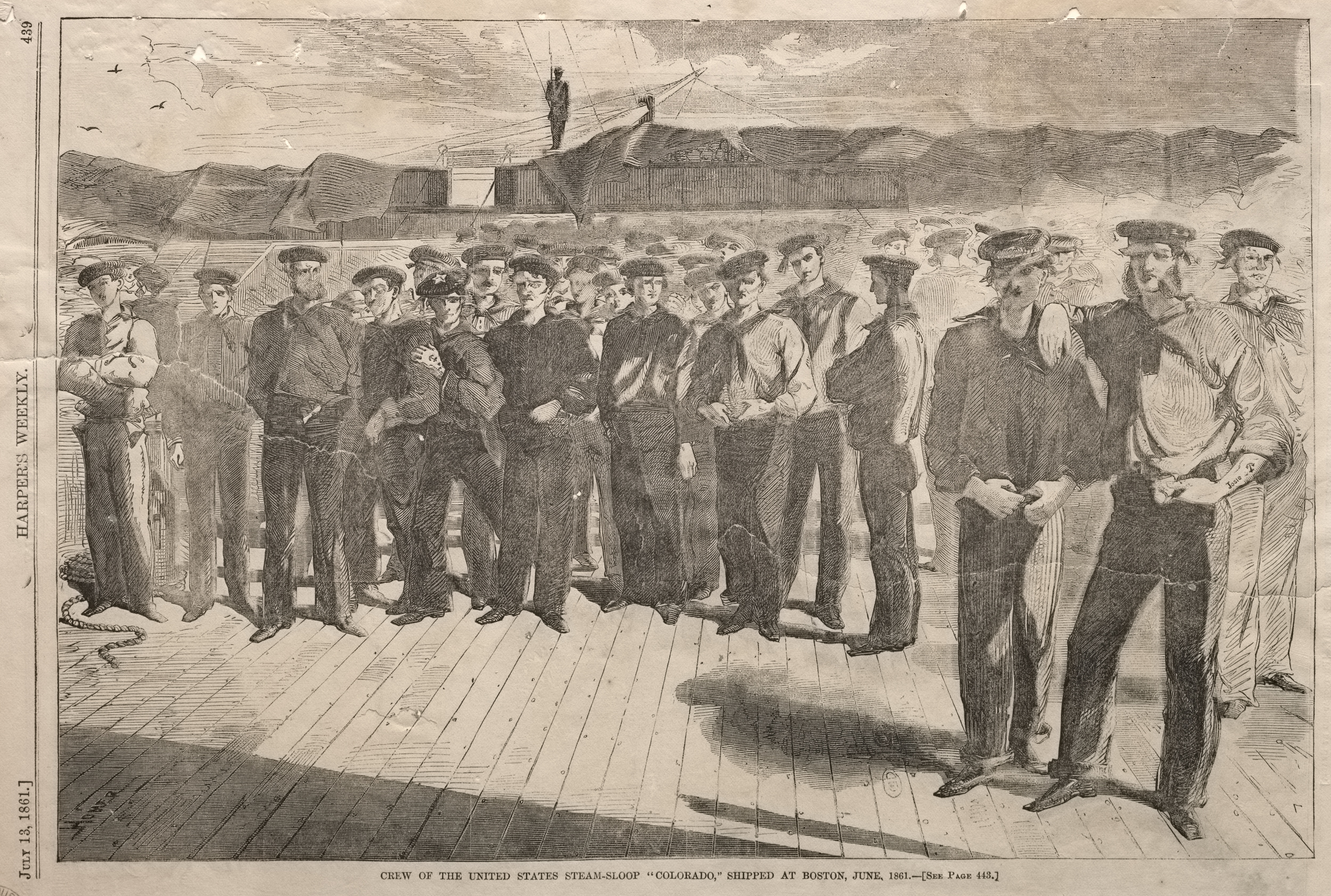 《美国蒸汽单桅帆船科罗拉多号的船员六月在波士顿启运》（crew of the united states steam sloop colorado shipped at boston june）｜温斯洛·霍默 Winslow Homer｜1861–1861