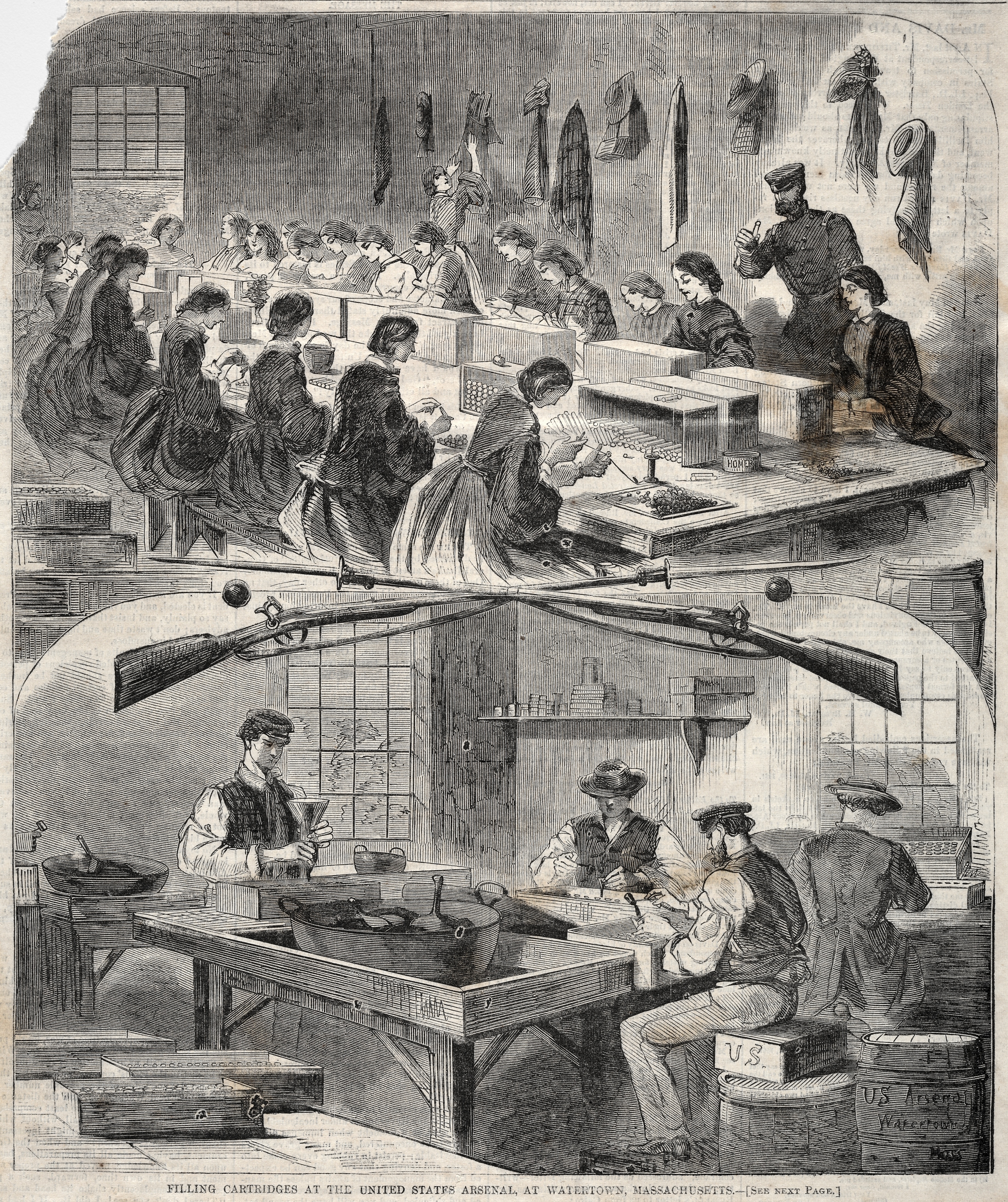 《在马萨诸塞州沃特敦的美国兵工厂装弹》（filling cartridges at the united states arsenal at watertown massachusetts）｜温斯洛·霍默 Winslow Homer｜1861