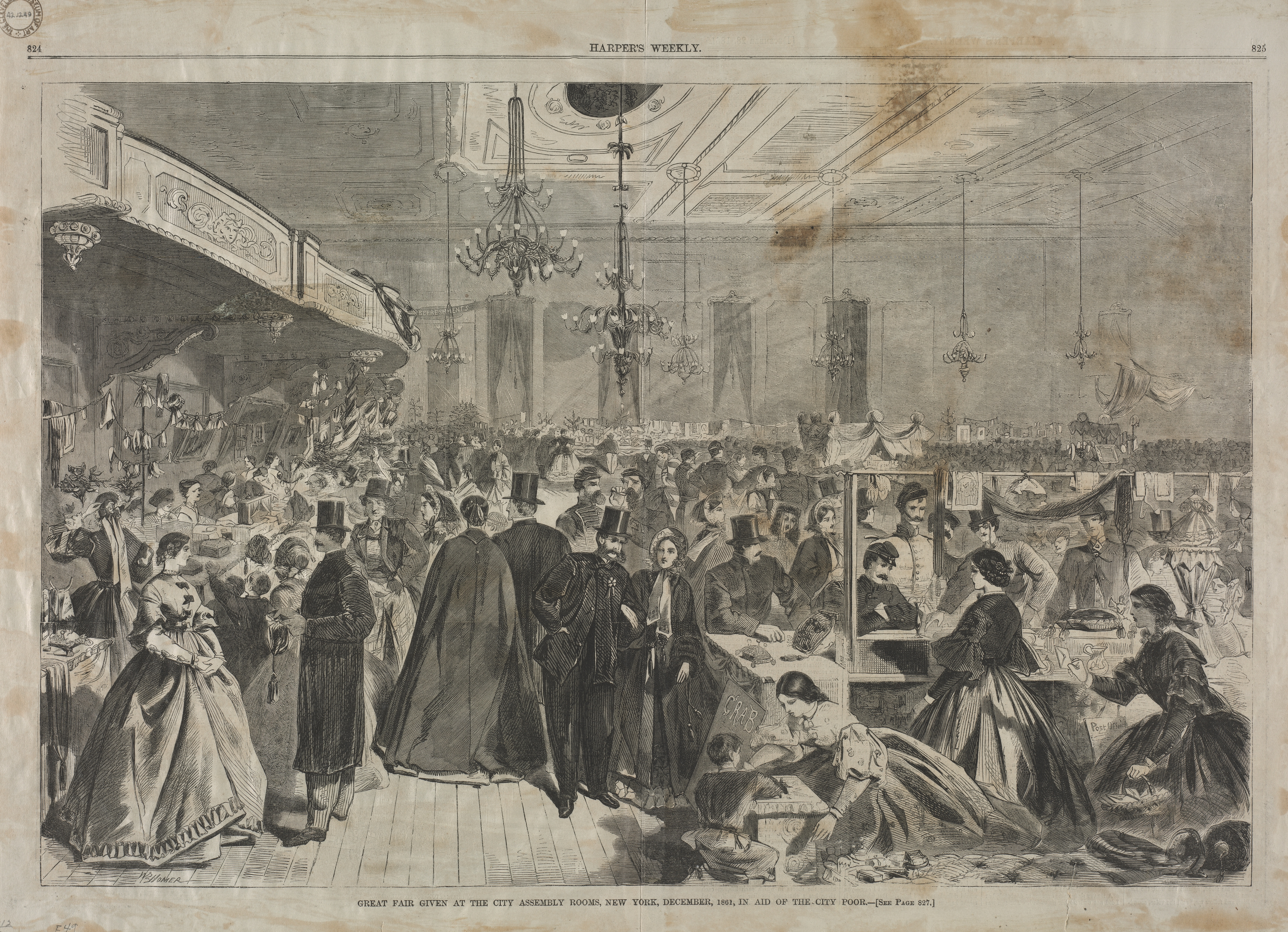 《1861 年 12 月在纽约市议会厅举行的大型博览会，旨在援助城市穷人》（great fair given at the city assembly rooms new york december 1861 in aid of the city poor）｜温斯洛·霍默 Winslow Homer｜1861