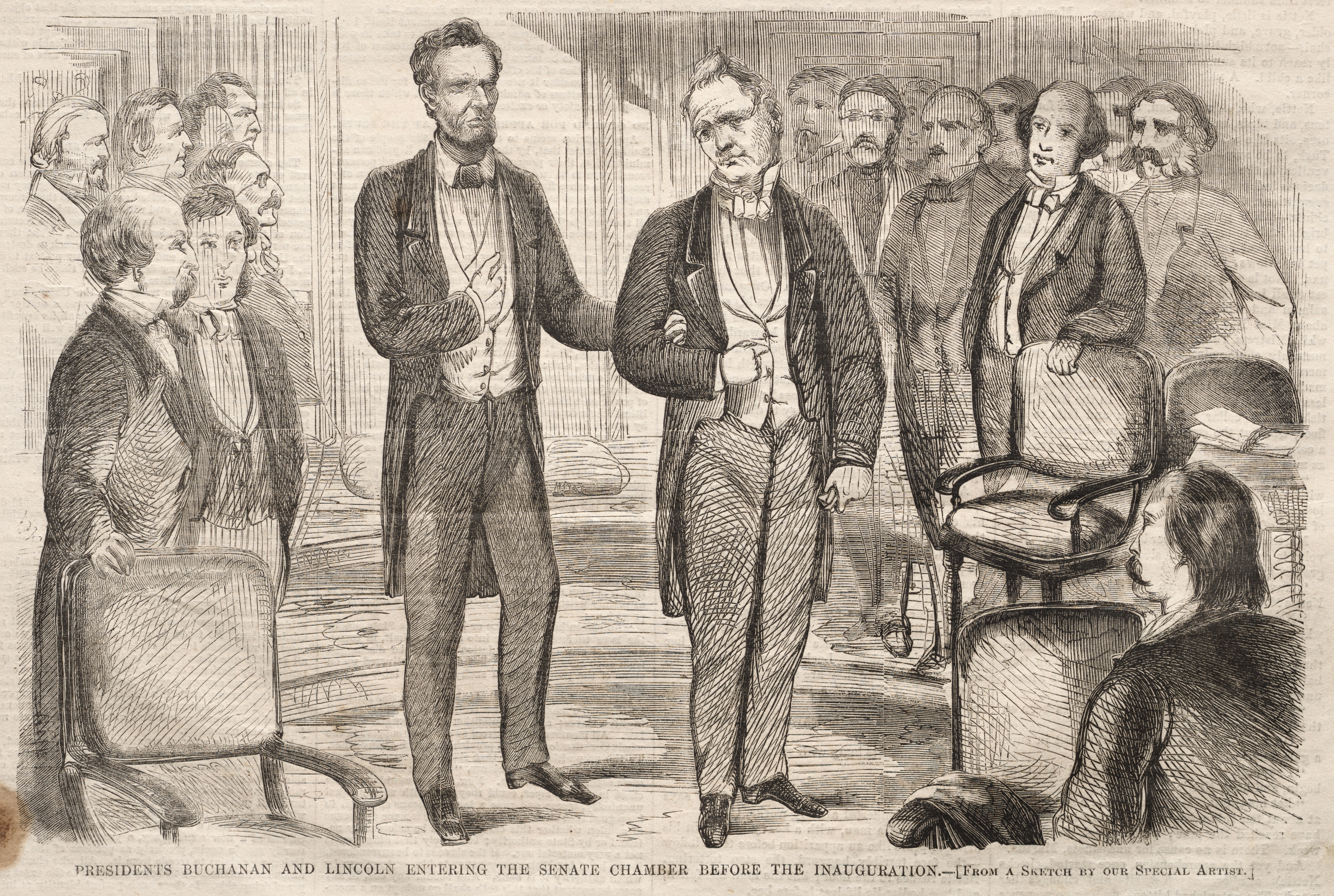 《布坎南总统和林肯总统在就职典礼前进入参议院》（presidents buchanan and lincoln entering the senate chamber before the inauguration）｜温斯洛·霍默 Winslow Homer｜1861