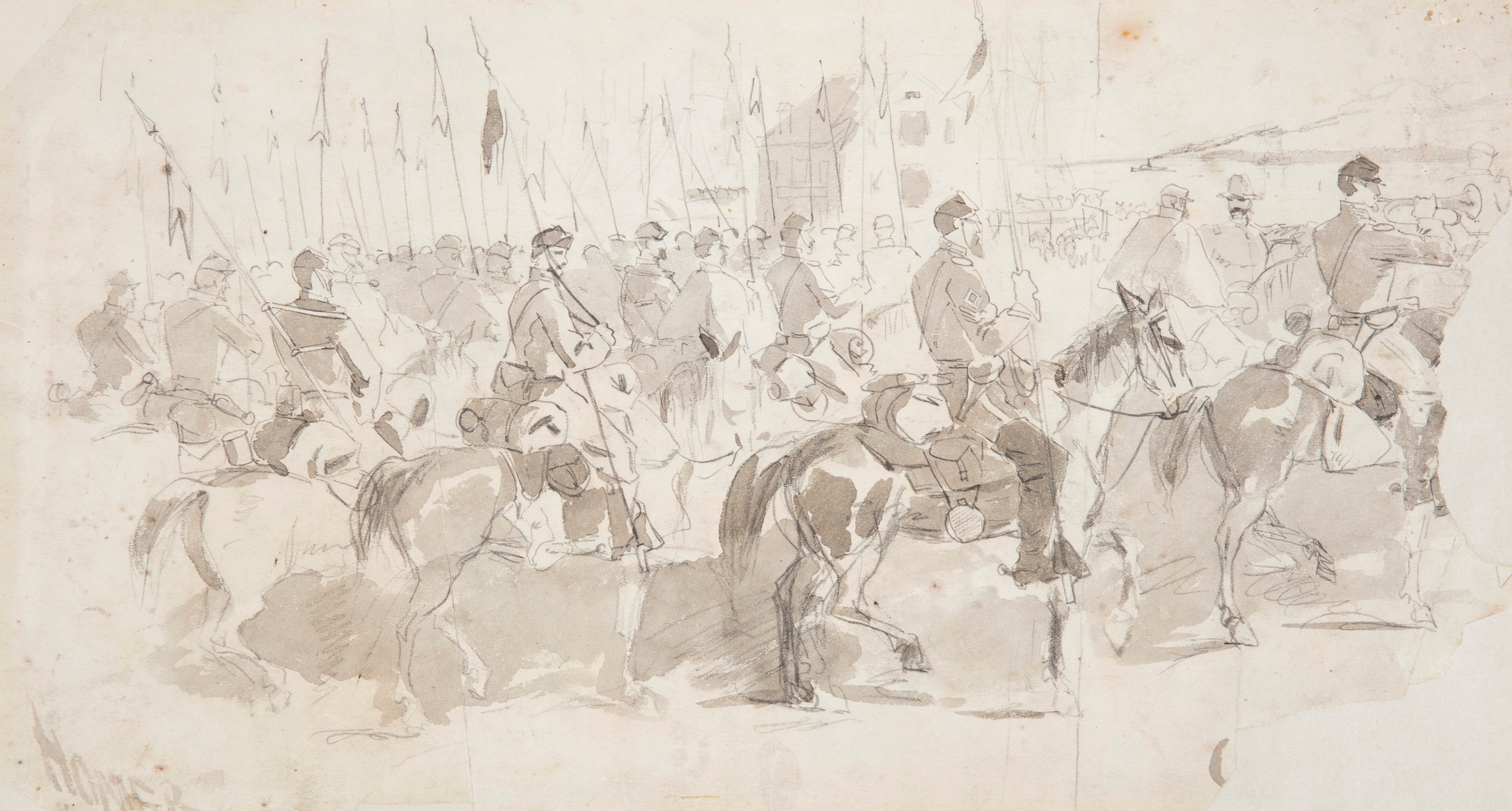 《麦克莱伦将军第六骑兵团从亚历山大出发前往老点安慰》（general mcclellans sixth cavalry regiment embarking at alexandria for old point comfort）｜温斯洛·霍默 Winslow Homer｜1862