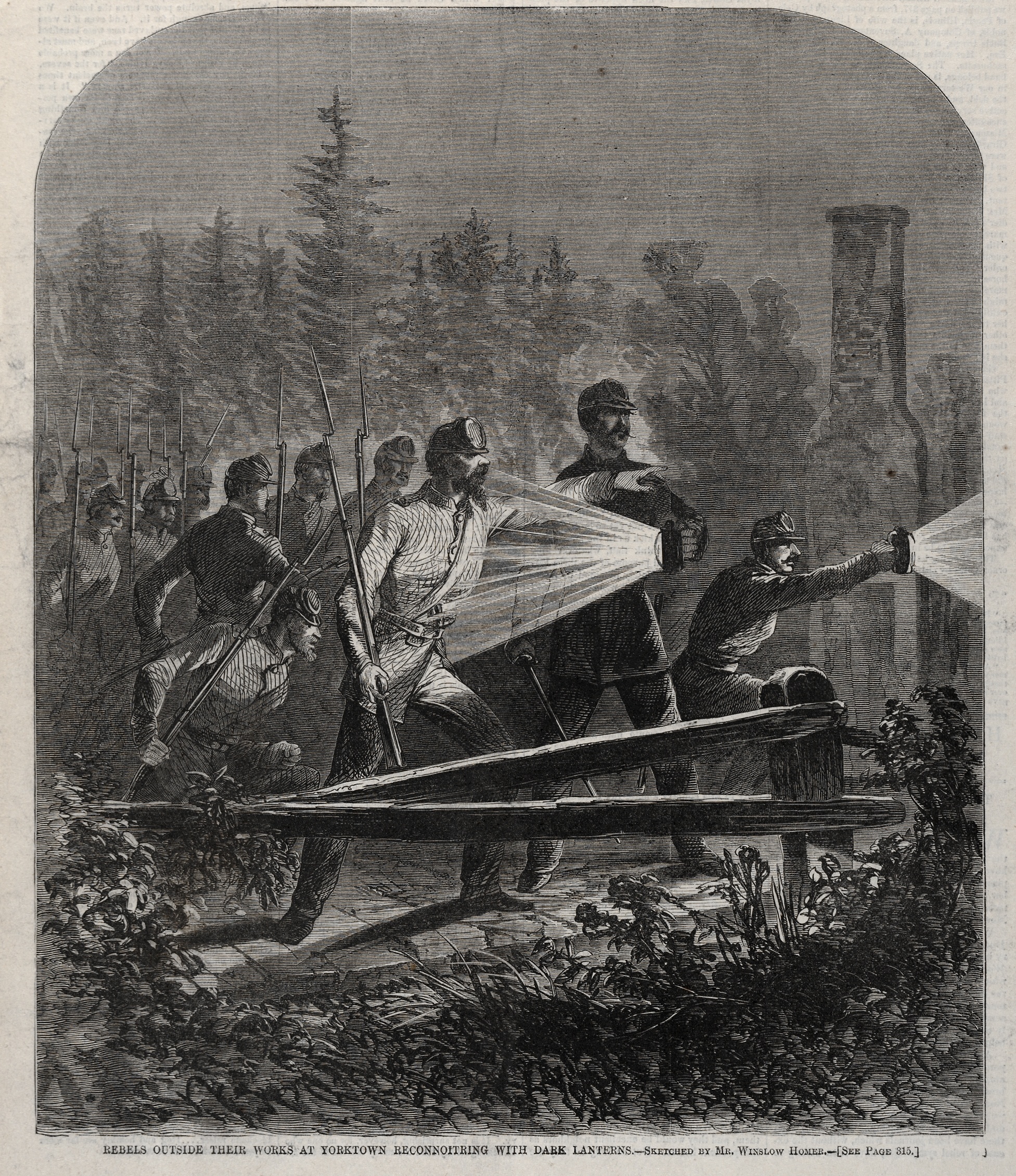 《叛军在约克镇工作地点外用黑灯笼进行侦察》（rebels outside their works at yorktown reconnoitering with dark lanterns）｜温斯洛·霍默 Winslow Homer｜1862