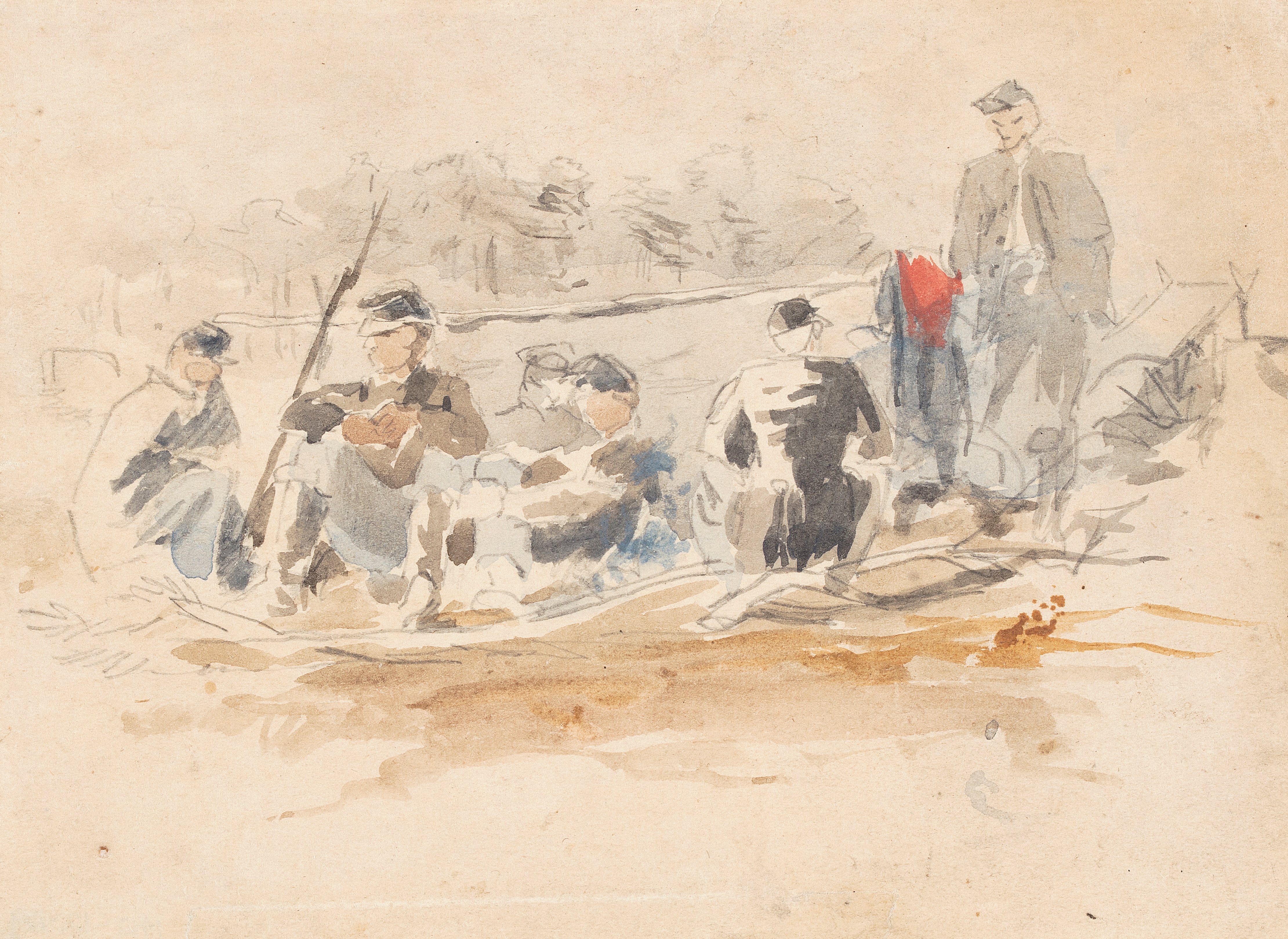 《士兵们围坐在一起》（soldiers seated in a group）｜温斯洛·霍默 Winslow Homer｜1862